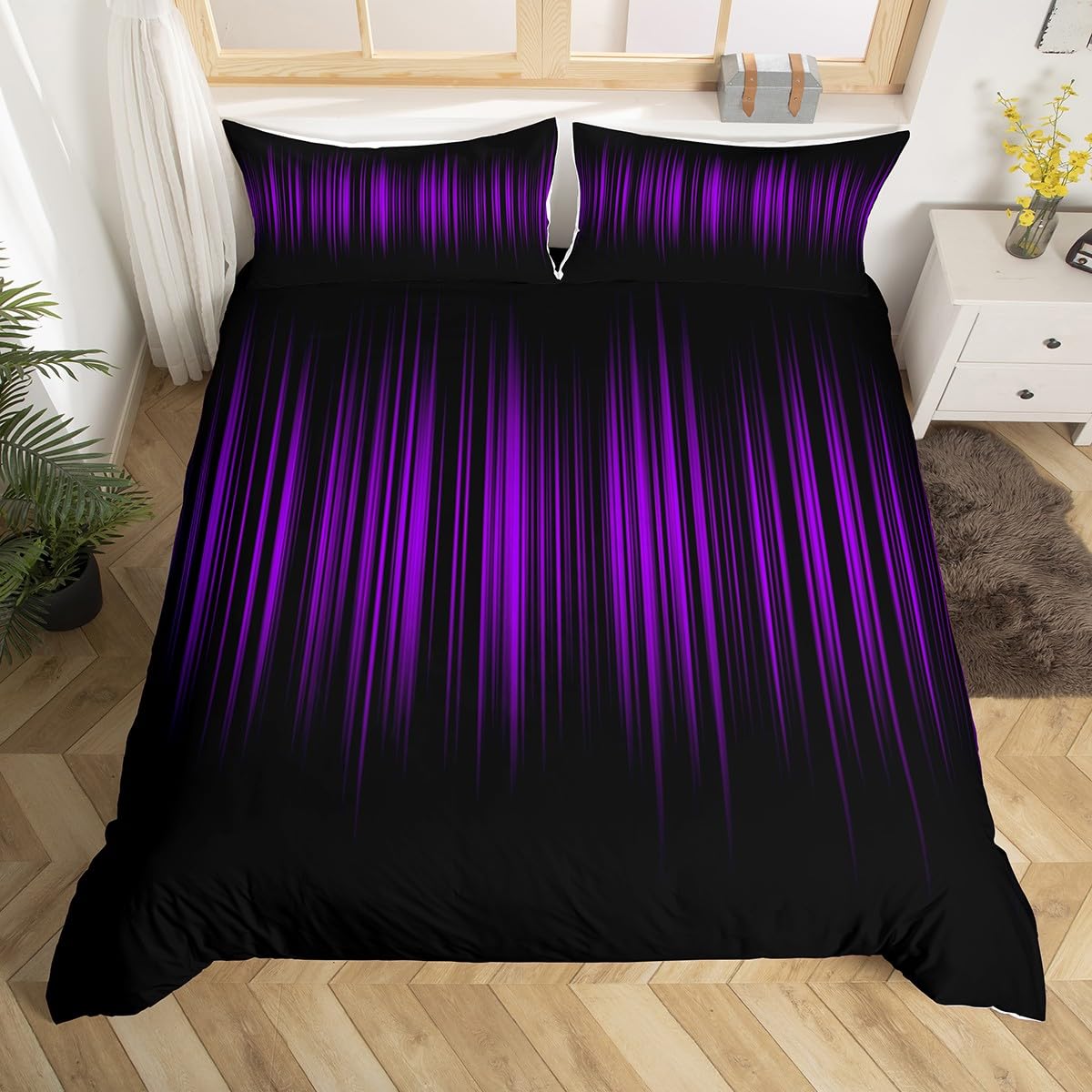 Homemissing Purple and Black Comforter Cover Single for Boys Girls Abstract Ombre Bedding Set Gradient Purple Lines Duvet Cover Purple Black Gradient Bedspread Cover Durable Bedclothes