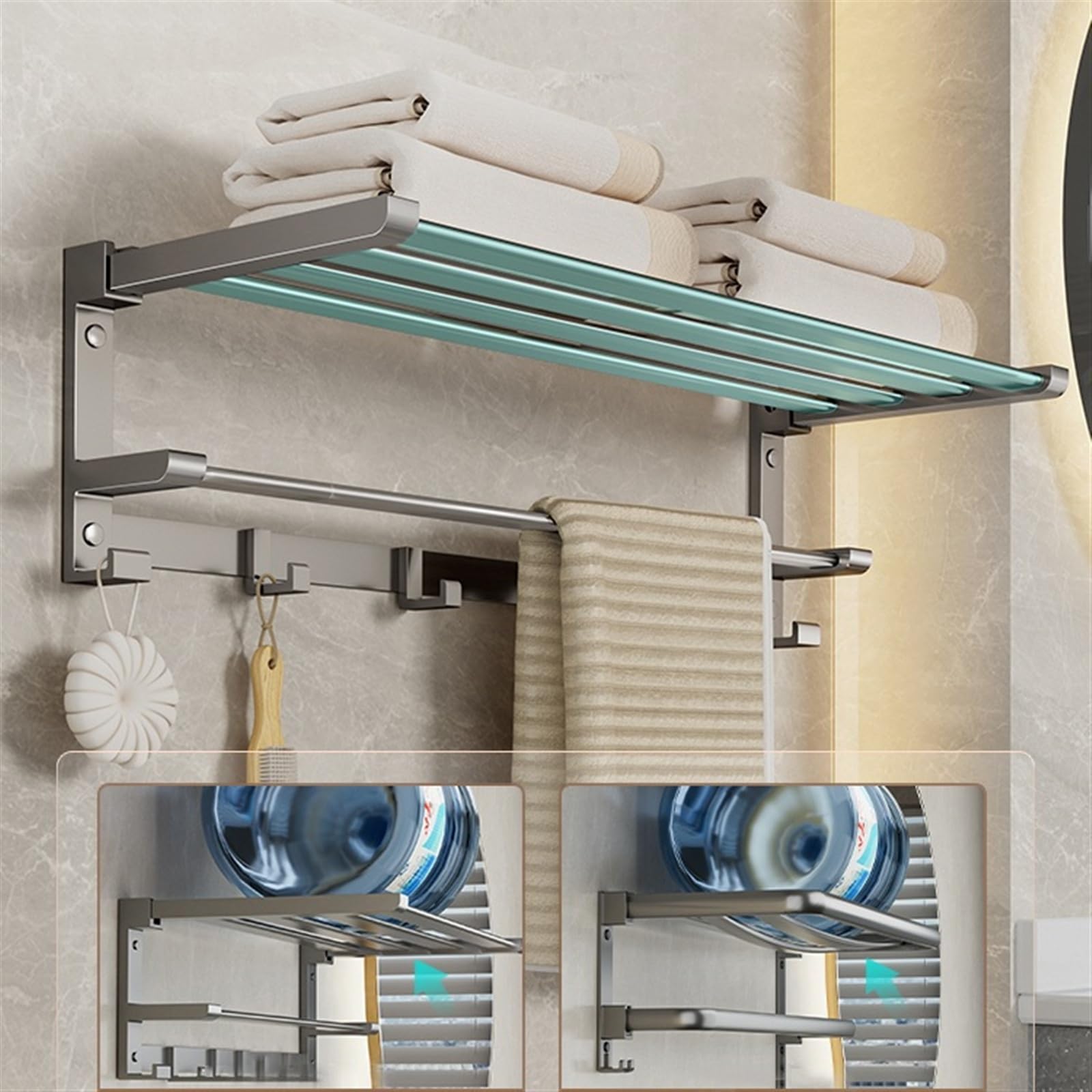 LUUYYI Estante de baño para baño, toallero de acero inoxidable con barra de toalla y ganchos, estante plegable montado en la pared, estantes flotantes negro/gris (gris pistola, M)