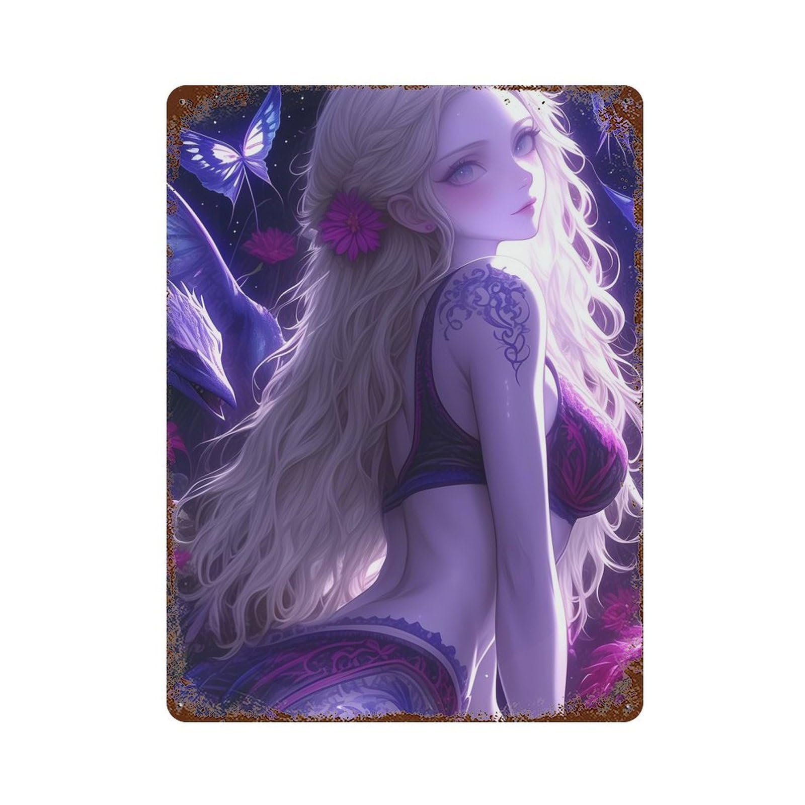 Anime Girl with Butterflies 15.7"x11.8" Retro Metal Sign, Old School Wall Decor for Office, Studio And Wall Decor
