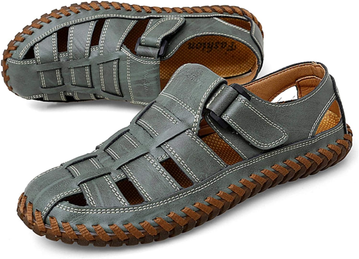 Moodeng Mens Sport Sandals Closed Toe Outdoor Fisherman Shoes Leather