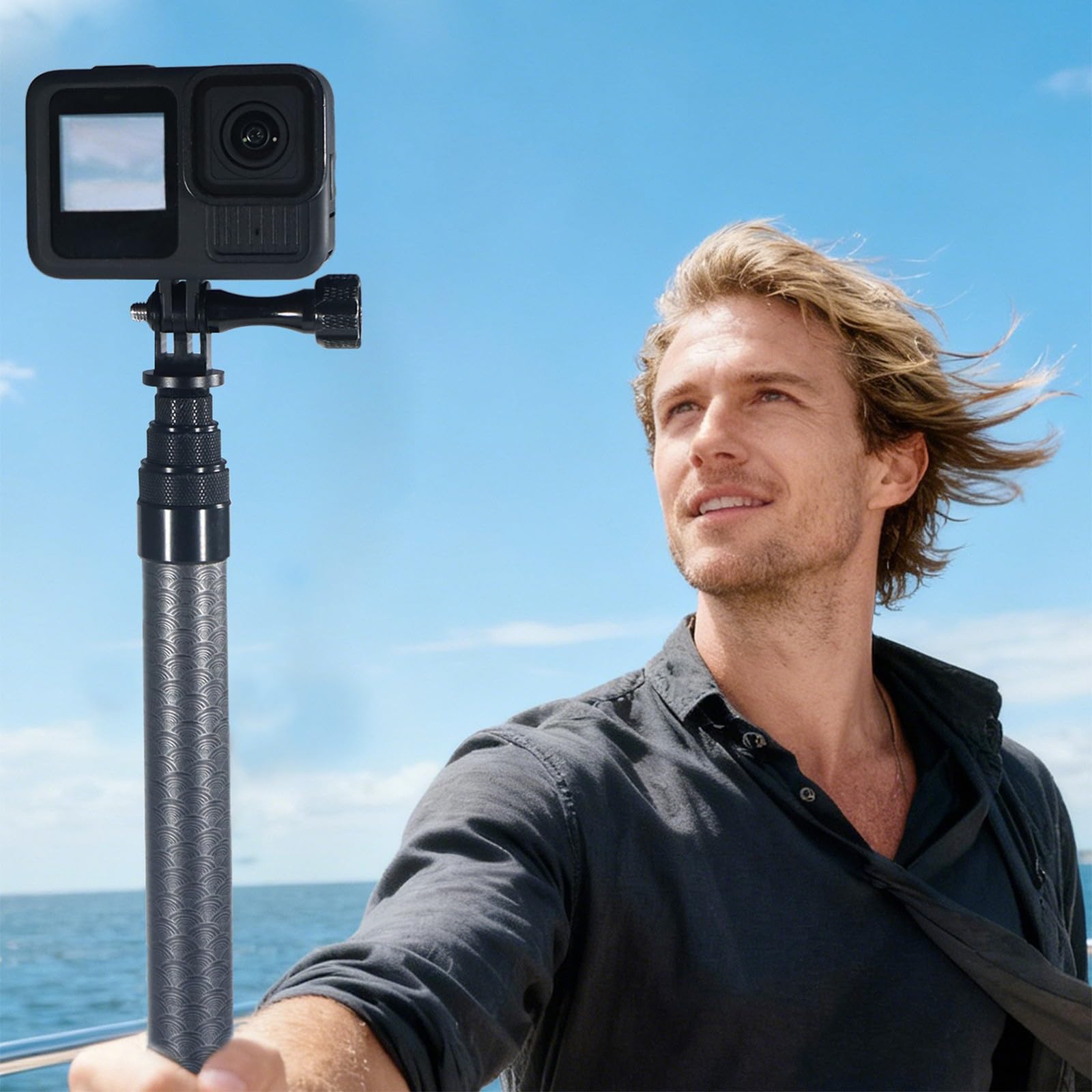 Bastone per selfie estensibile in fibra di carbonio, triplo per action camera, regolabile da 50 cm a 130 cm, bastone per selfie estensibile
