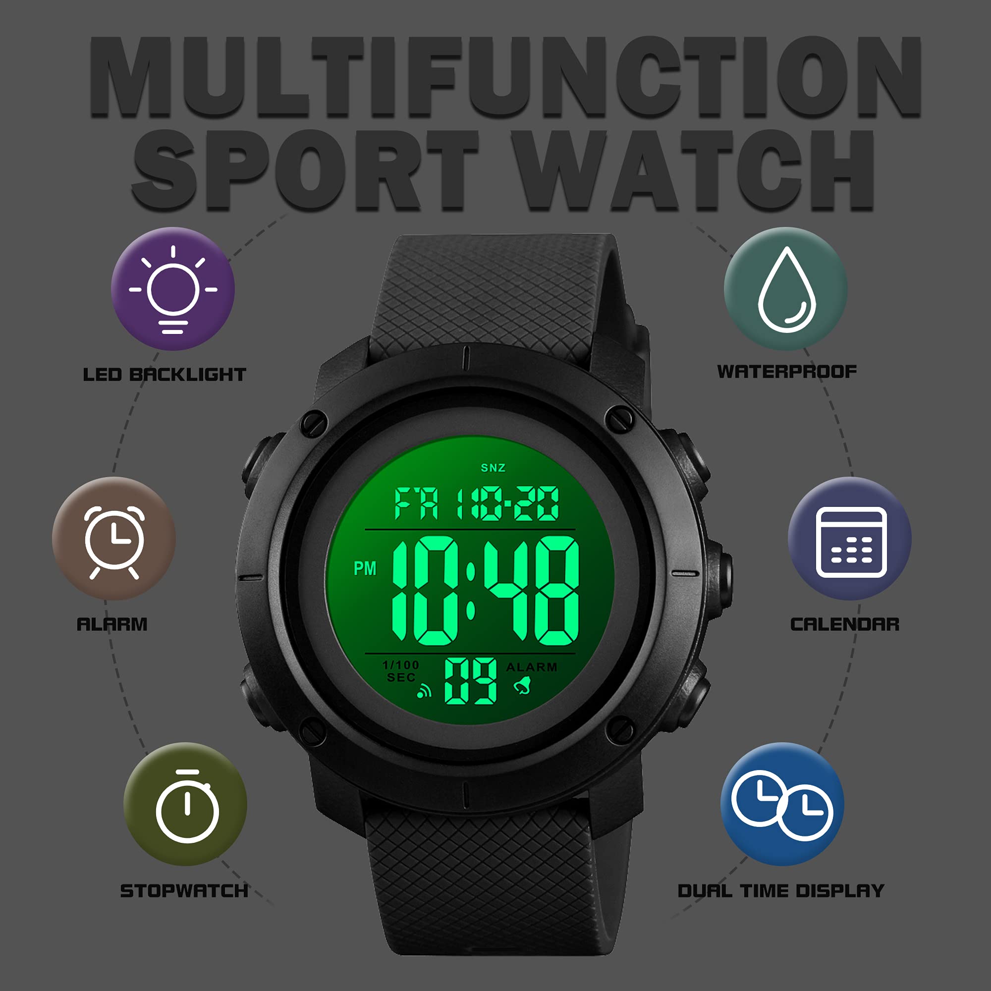 findtime Men's Digital Sports Watch Stopwatch Alarm Waterproof Wrist Watches for Men LED Tactical Dual Time Zone Display Electronic Outdoor Watch