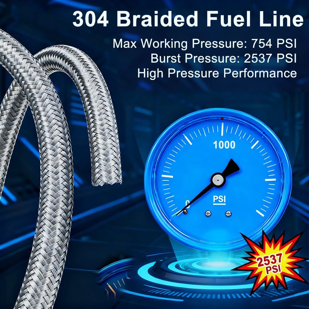16AN Stainless Steel Braided Fuel Line Hose - 754 PSI Working Pressure & 2537 PSI Burst Compatible with Oil, Fuel, Transmission Cooler, Hydraulic Lines - 10ft Length