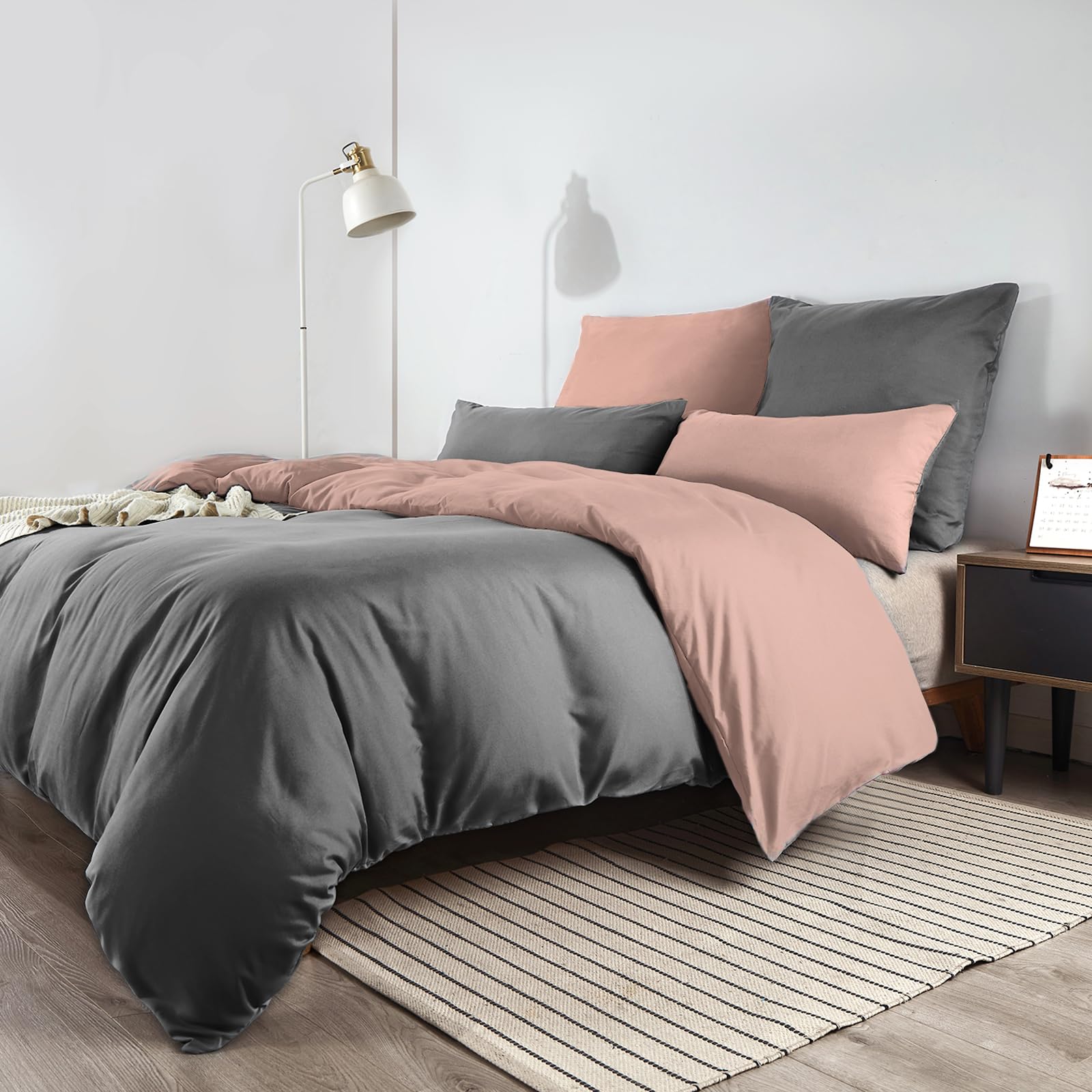 Soifox Bettwäsche 200x200 Grau Rosa - aus Mikrofaser Bügelfrei & Knitterfrei Bettbezug 200 x 200 Set mit 80x80 cm Kissenbezug 2er Set Bettwasche mit Reißverschluss