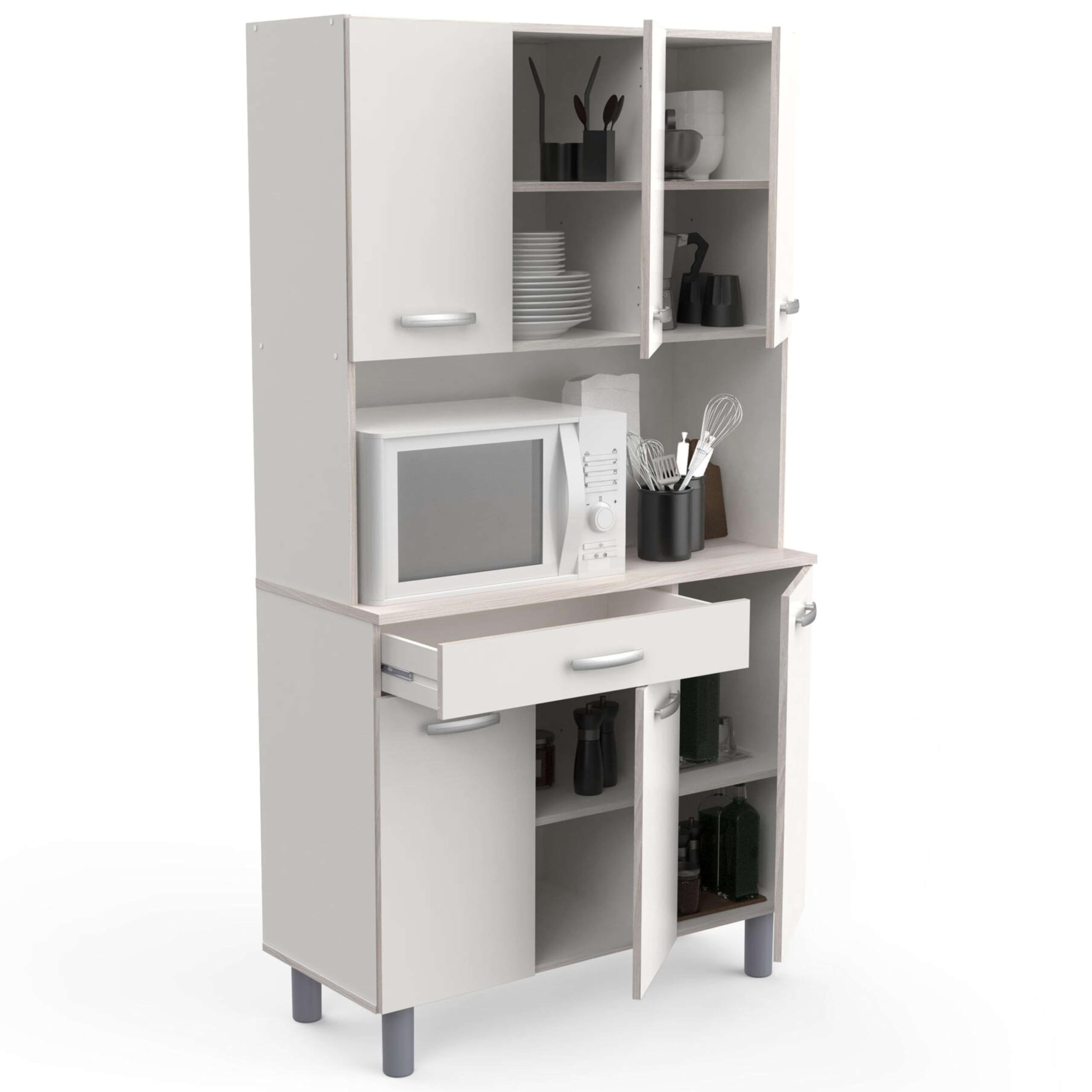 Mueble Auxiliar Cocina, Armario Cocina, Alacena Cocina Buffet 6 Puertas Blanco y Roble Acacia 101x185 cm