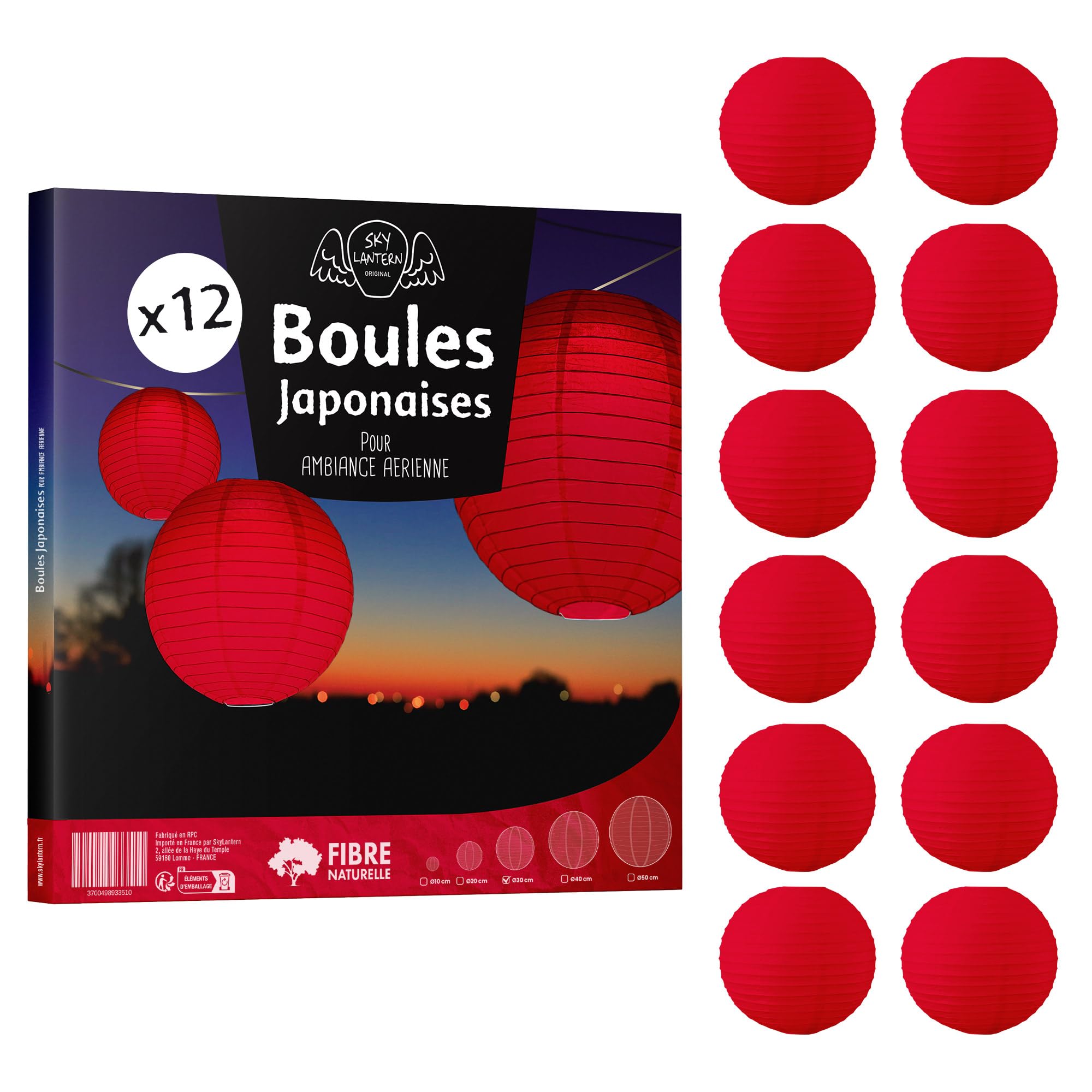 12x Lanterne Papier 30 cm Rouge - Suspension Boule Papier 30 cm (12'') type Lanterne Japonaise pour Decoration Mariage - 12 pièces - Le must de la Gamme de Lampions Papier - Notice en Français.