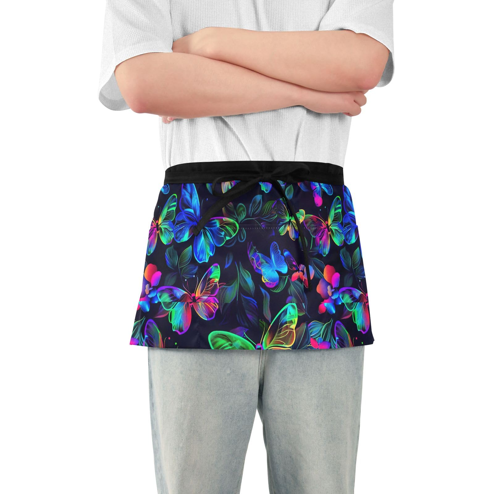ODAWA Neon Butterflies Flowers Short Aprons Waist Apron with Pockets for Women Teacher Aprons