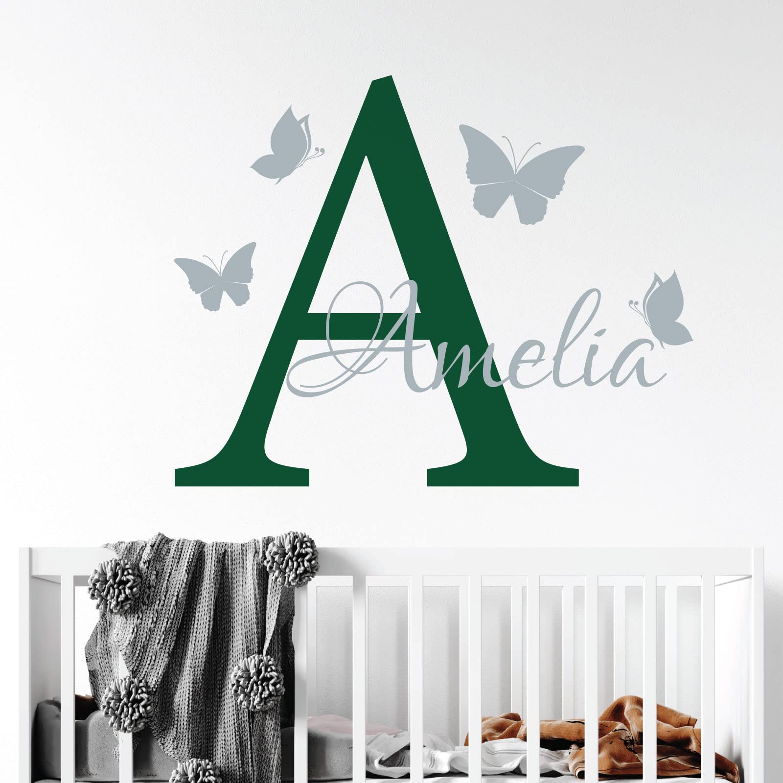 Personalised Name - Initial Letter and Butterflies - Baby Nursery Vinyl Wall Decal Sticker [Medium] [Forest]