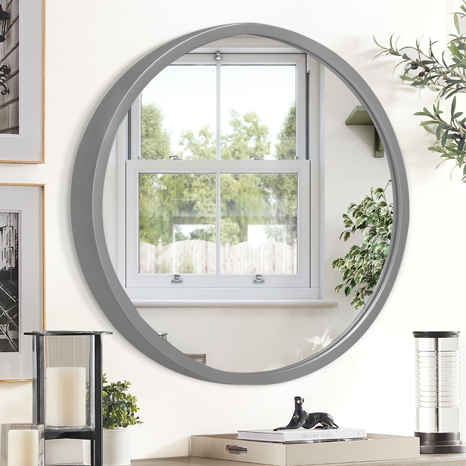 Jjuuyou Grey Circular Wall Mirror Round Mirror Decorativ For Bathroom Circle Mirrors Small Coffee Decor Metal Framed Make Up Viintage Mirrors For Farmhouse Living Room Bedroom Dorm 20 Inch
