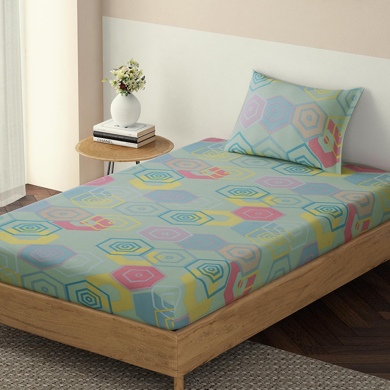 HOKIPO Cotton Feel Brushed Microfiber 145 GSM Elastic Fitted Bedsheets Single Bed Size, 78x36 inches with 1 Pillow Cover, Cocentric Hexagon Pistachio (IN-774-D5) (B0D1FWTHWL) Amazon Price History, Amazon Price Tracker