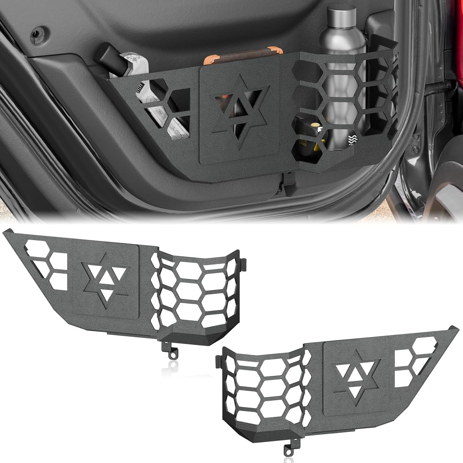 Rear Door Storage Pockets Box Compatible with 2018-2026 Jeep Wrangler JL JLU 4XE & 2020-2026 Gladiator JT, Heavy-Duty Steel Side Door Insert Pocket Organizer Molle Panels Accessories (2PCS)