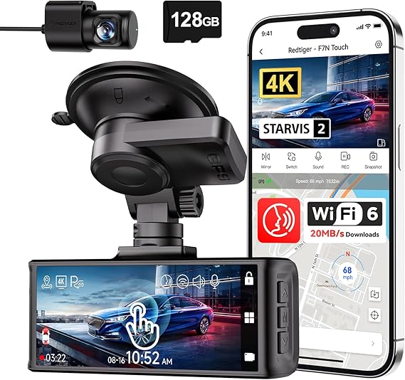 REDTIGER 4K Dash Cam Front and Rear, STARVIS 2 Sensor, Touch Screen 3.18", 128GB Card Included, Voice Control, 5.8GHz WiFi Car Dash Camera, GPS, Night Vision, Emergency Lock, Parking Mode (F7N Touch)