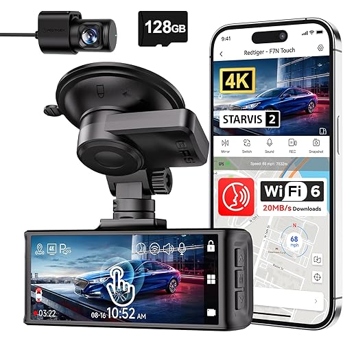 REDTIGER 4K STARVIS 2 Dash Cam Front and Rear, 5GHz WiFi 20MB/s Download, 128GB Card Included, Voice Control, Dash Camera for Cars with 3.18" Touch Screen, GPS, Loop Recording, Parking Mode(F7N Touch)