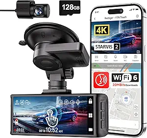 REDTIGER 4K Dash Cam Front and Rear, STARVIS 2 Sensor, Touch Screen 3.18", 128GB Card Included, Voice Control, 5.8GHz WiFi Car Dash Camera, GPS, Night Vision, Emergency Lock, Parking Mode (F7N Touch)
