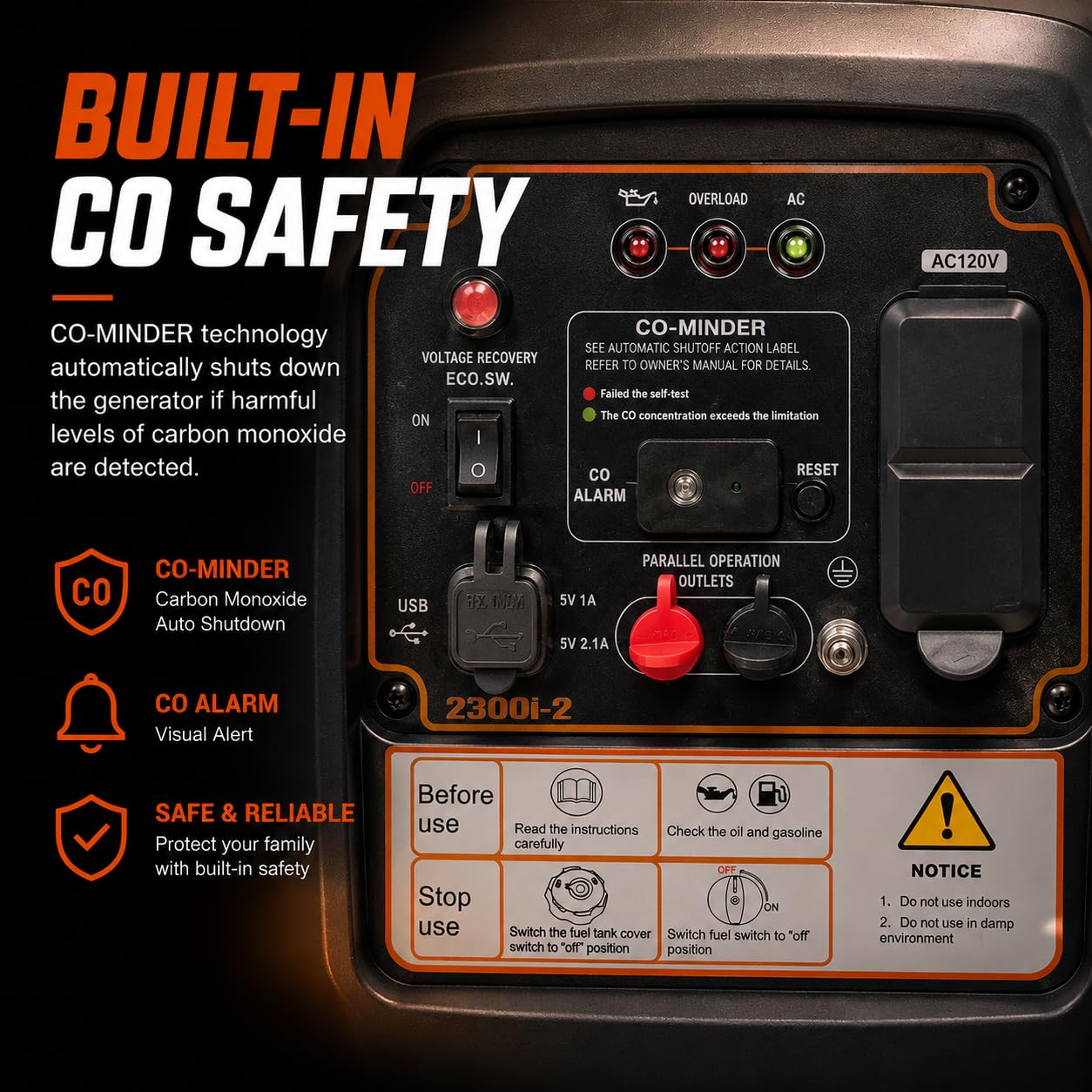 LIFAN Generador inversor de gasolina de 2300 W, portátil, silencioso y eficiente en combustible, solución de energía para el hogar, camping, RV y uso de emergencia con capacidad paralela