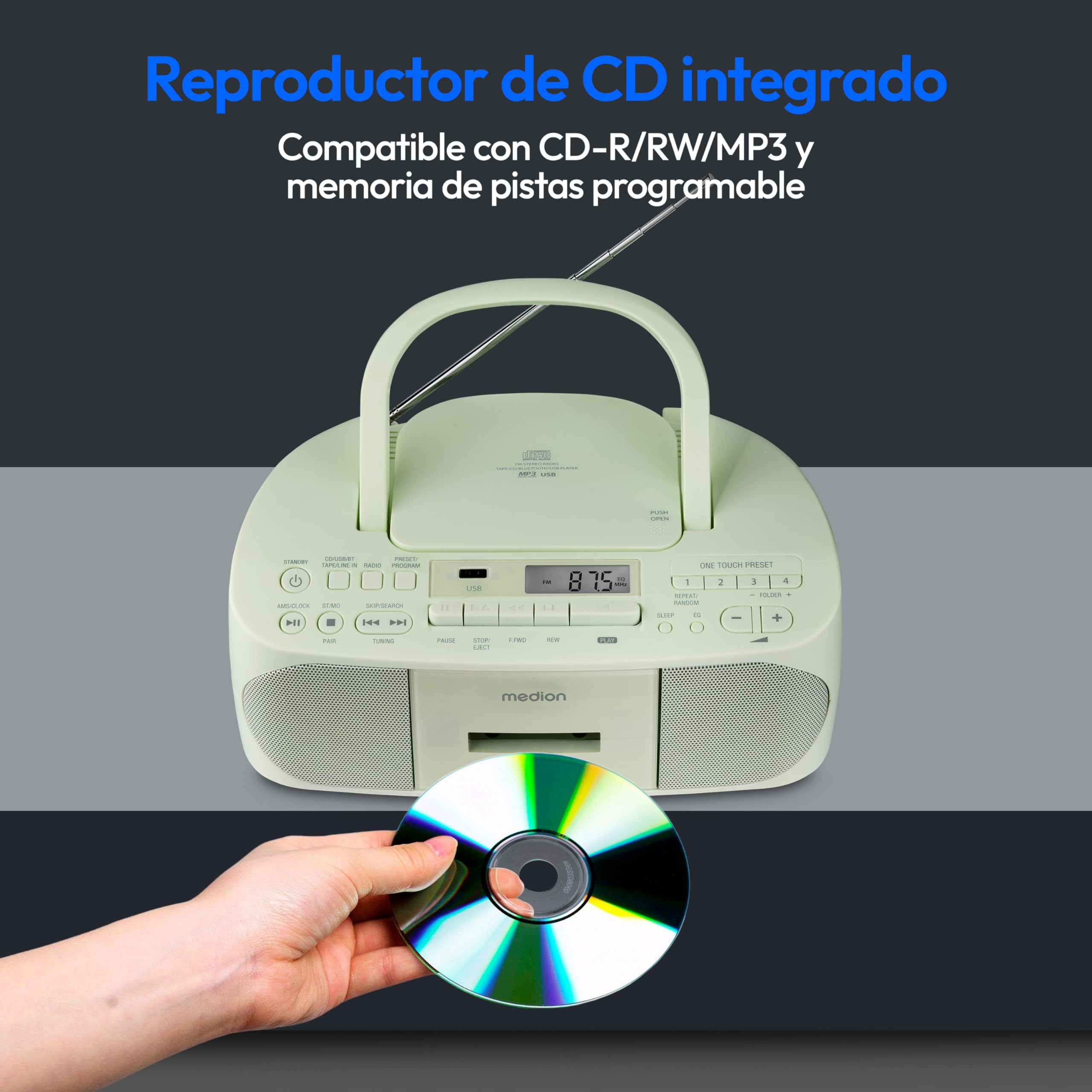 MEDION E65010 Radio estéreo (reproductor de CD, casete, conexión USB, entrada de audio AUX, reproducción MP3. Radio FM PLL, memoria para 40 emisoras, funcionamiento con pilas, mando a distancia) verde
