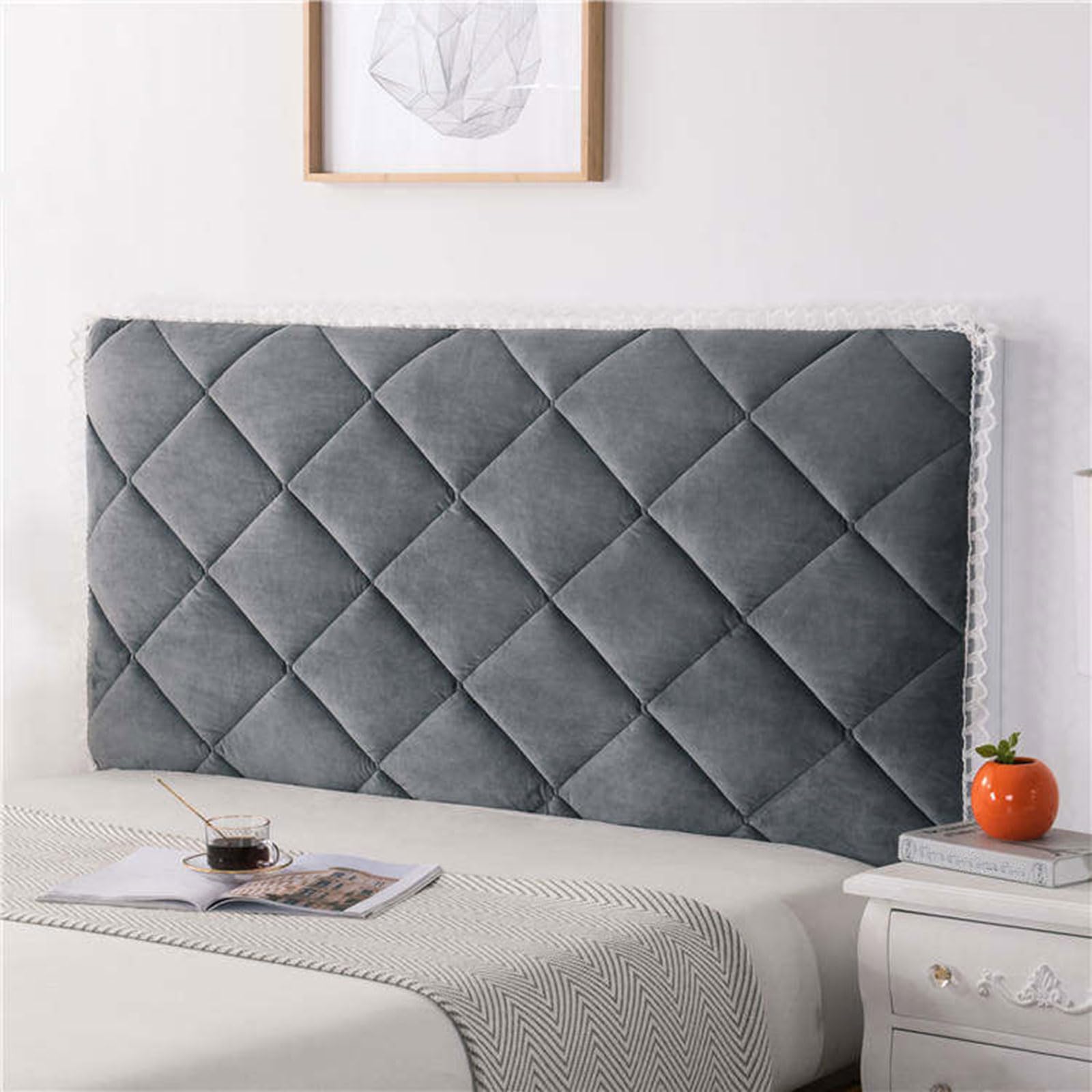 Headboard Cover Upholstered Thickened Quilted Bed Headboard Covers Stretch Velvet Plush Soft Comfortable Bed Head Cover Dustproof Protector Double Single King Head board Slipcover(120cm,Dark gray2)