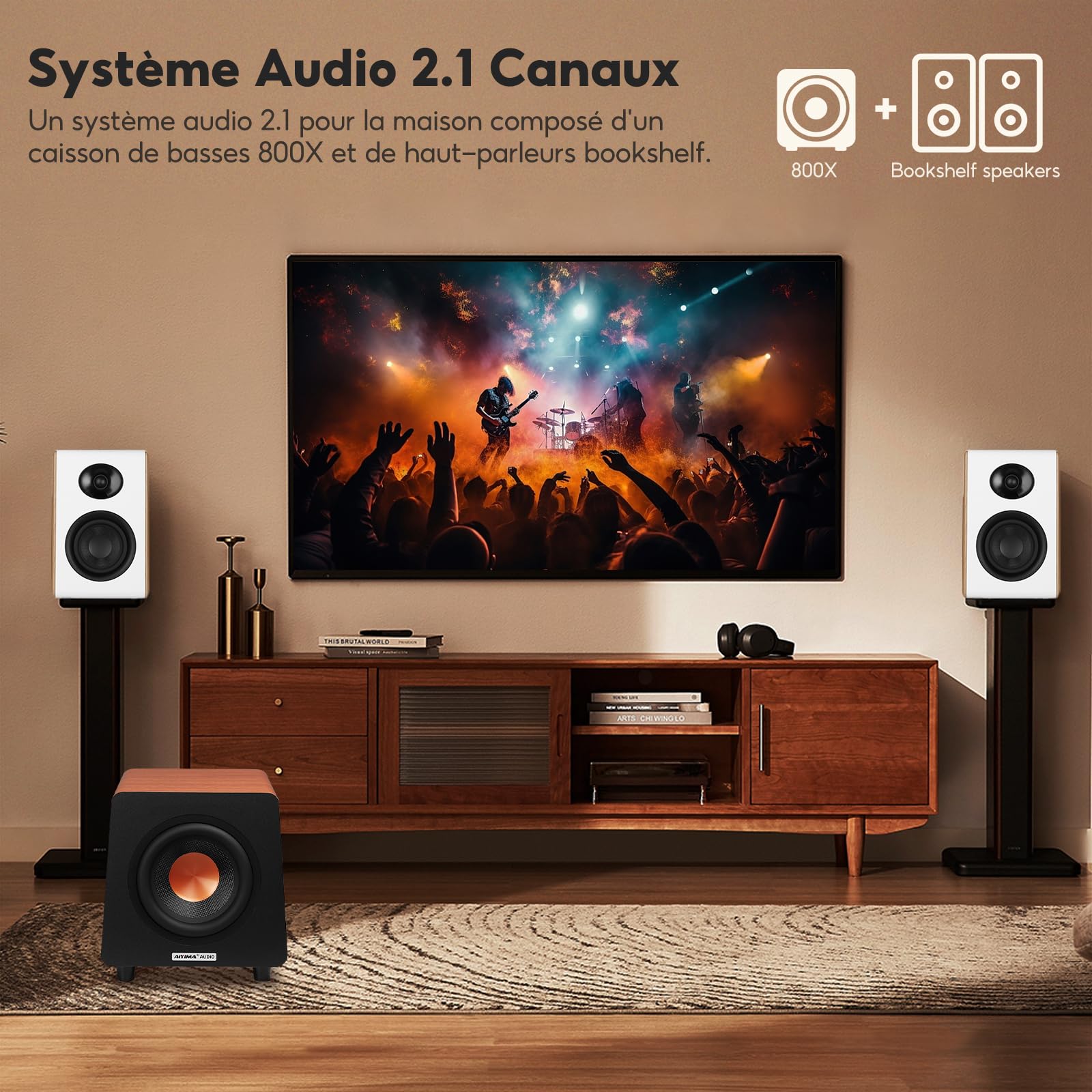 AIYIMA 800X Caisson de Basses Actif 8", 100W RMS, 30–300 Hz, Réglage Volume/Filtre Passe-Bas/Phase, Entrées RCA/AUX/LFE, Caisson MDF Anti-Résonance pour Home Cinéma & HiFi