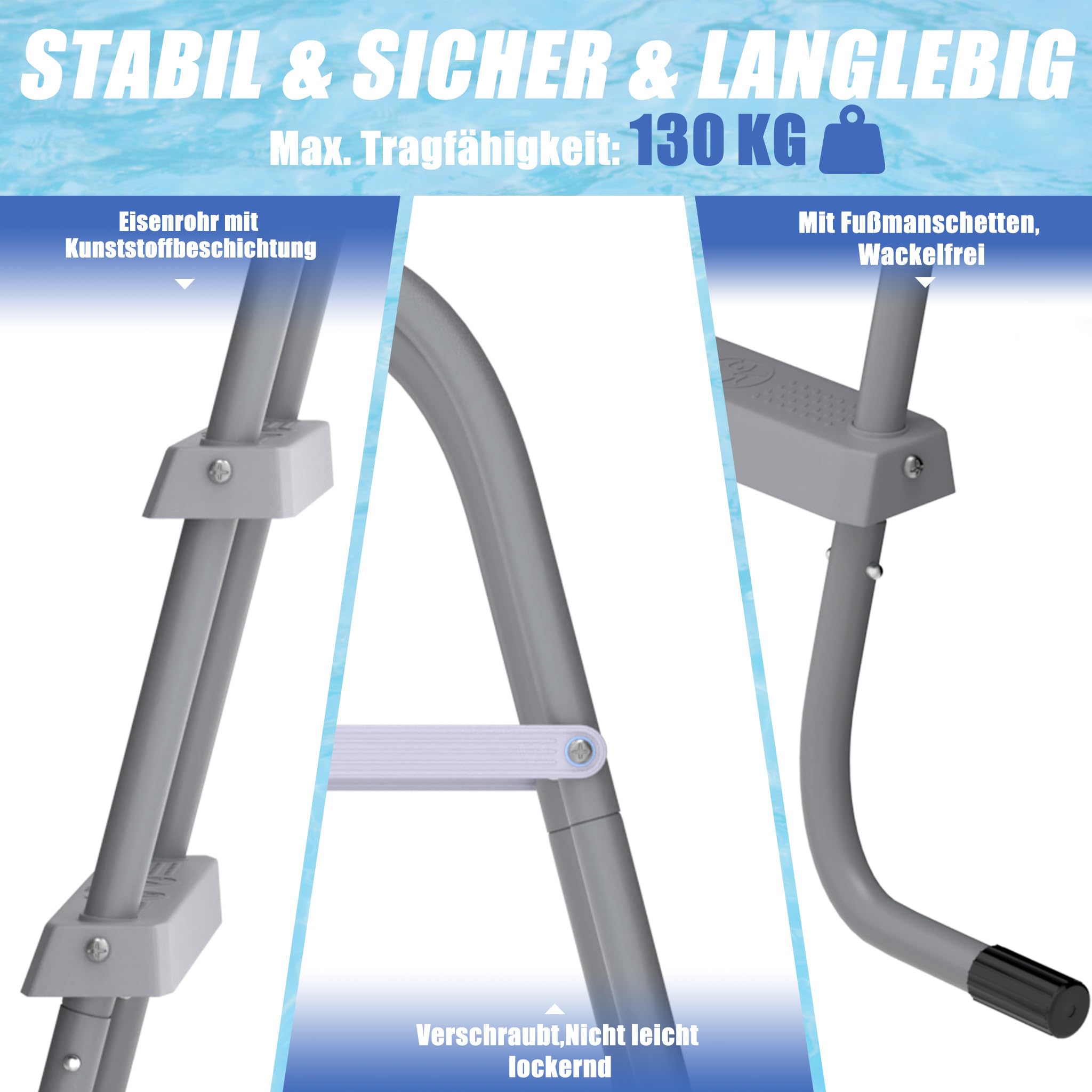 Échelle de piscine pliable en fer 2 marches antidérapante résistant aux intempéries 130 kg pour piscines hors-sol 80 cm