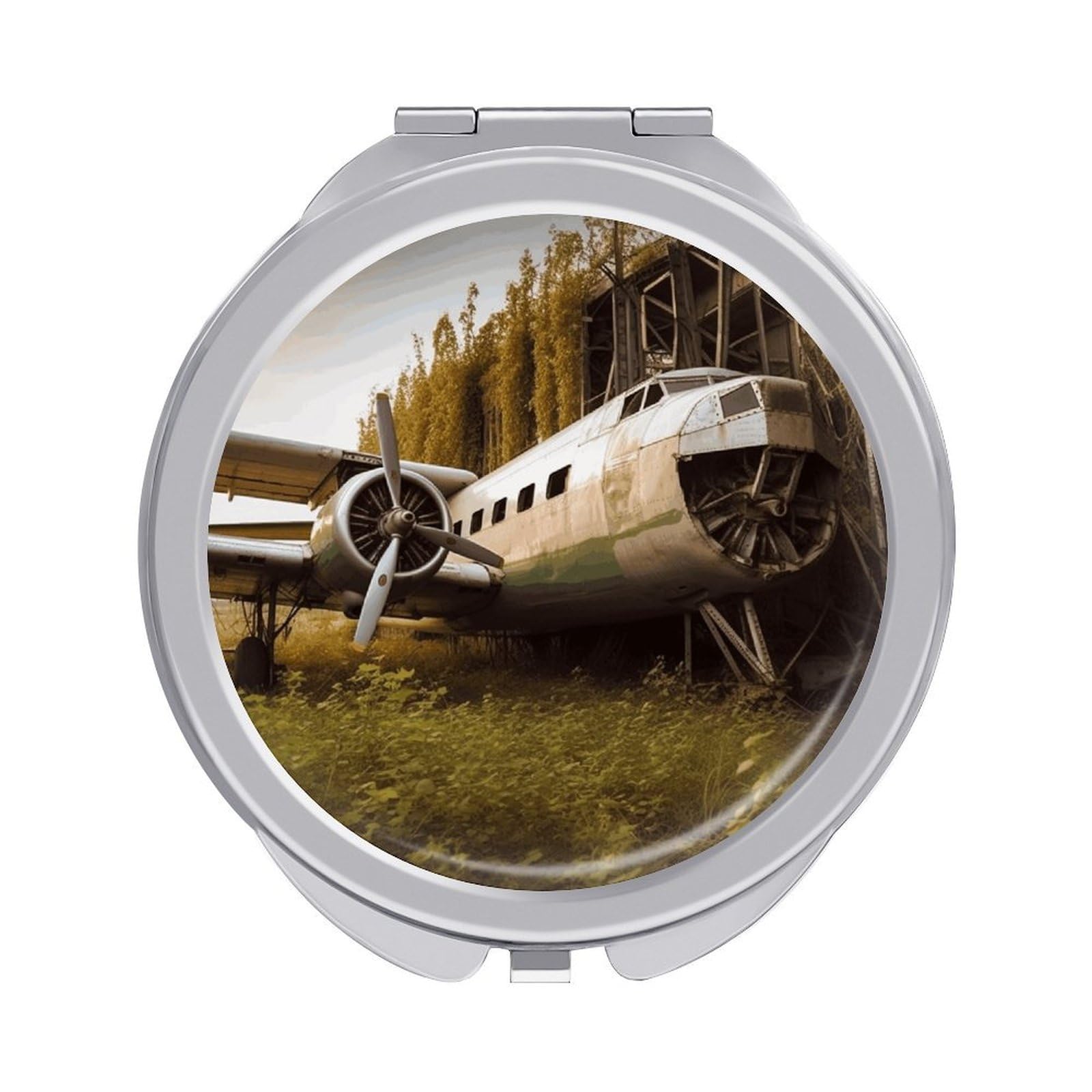 VstaDank Abandoned Plane Compact Mirror for Purses Round Fashion Travel Makeup Mirror 2X /1x Magnifying Double Sides Mini Mirrors Portable Pocket Mirrors for Handbag Purse Women Gift