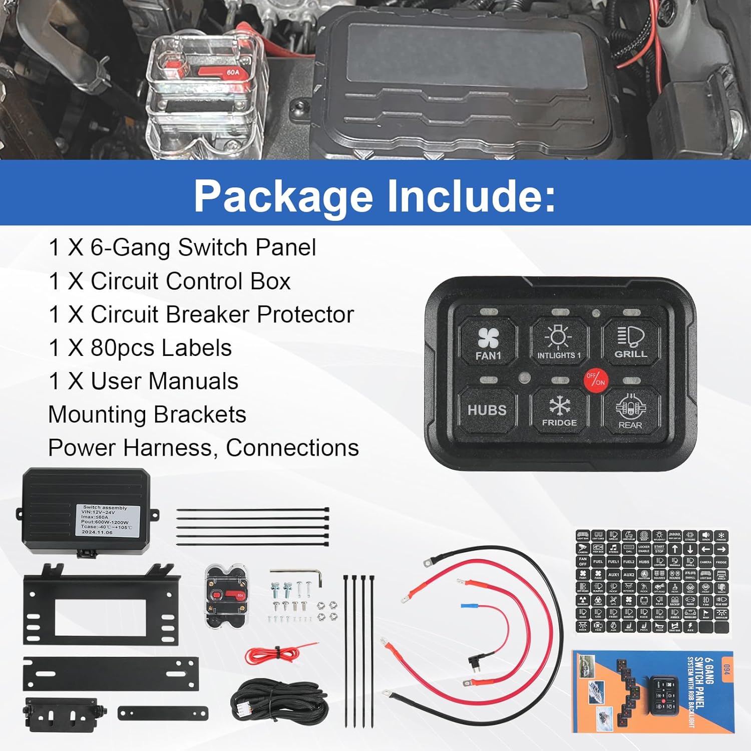 6 Gang Switch Panel, Universal Circuit Control Relay System with Fuse Wiring Harness and Automatic Dimmable ON-Off LED Switch Pod for Pickup Truck SUV Car Boat ATV UTV