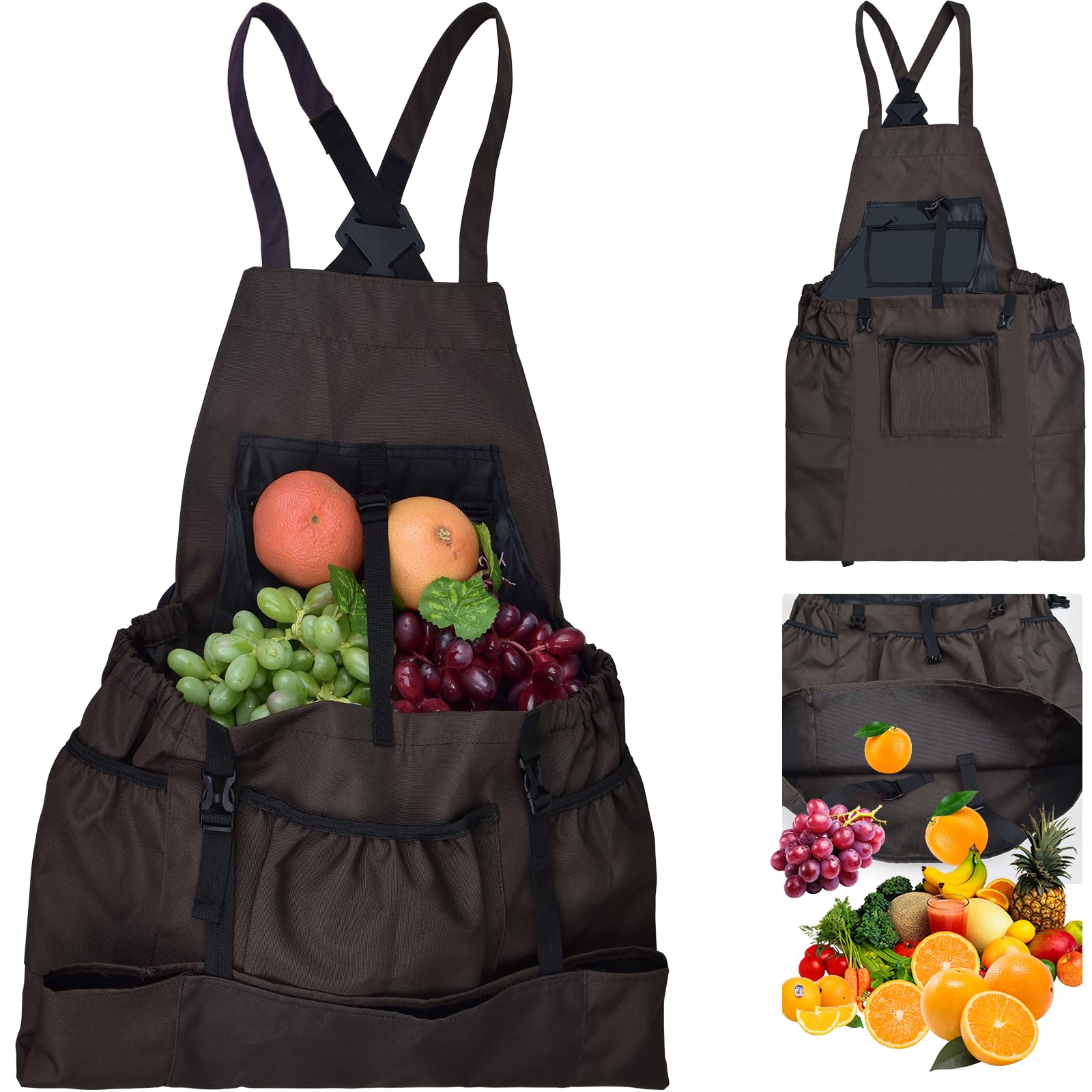 Gardening Apron, with Quick Release Pockets for Harvesting Gardening with Pockets,Waterproof Heavy Duty 900D Fruit Storage Apron Pouch for Garden Brown