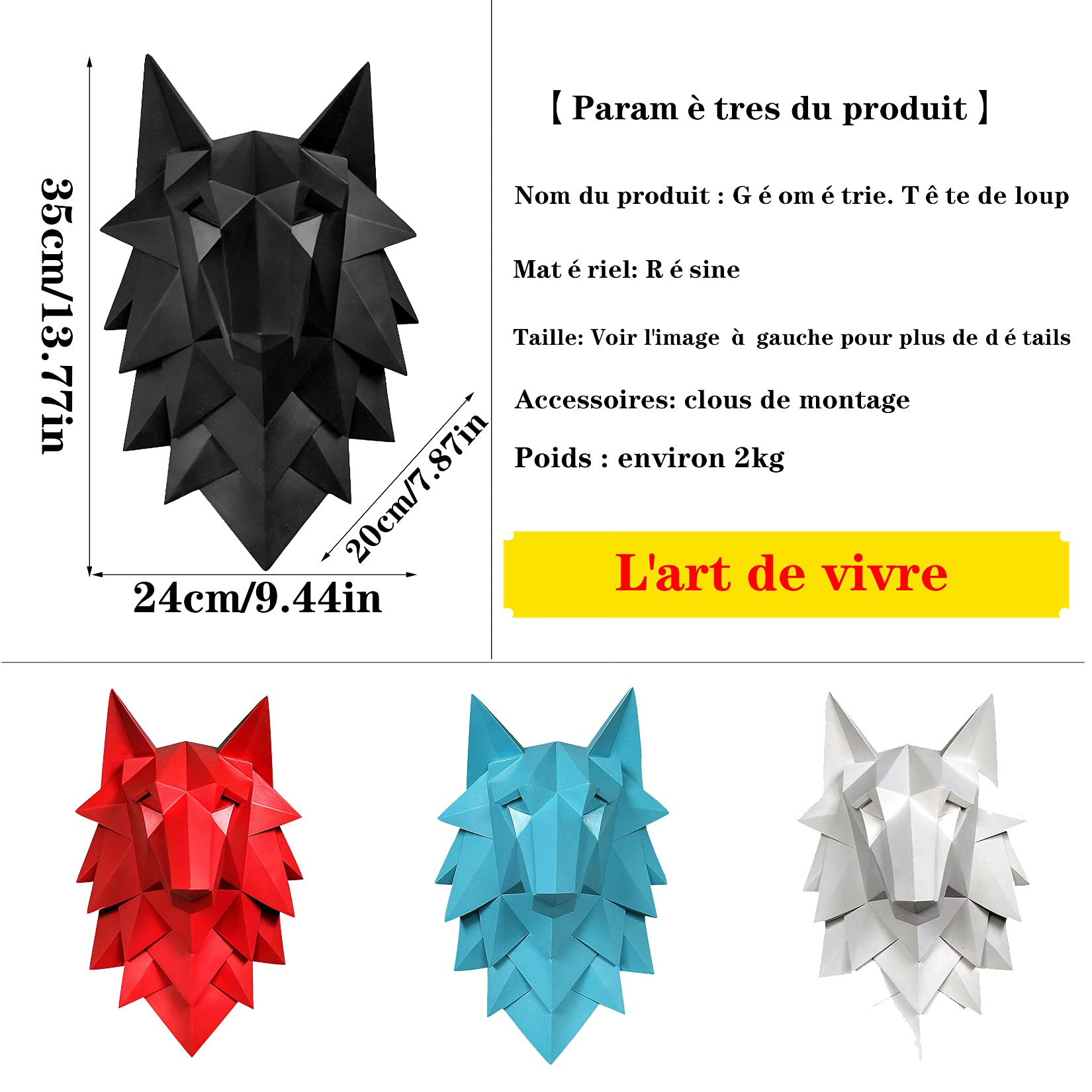 3D Wolfskopf Statue - skulptur deko -Abstrakte Skulptur -Moderne Minimalistische Harz Kunst -für Wanddekoration,Wohnzimmer, Bar, Cafe, Dekoration,Schwarz
