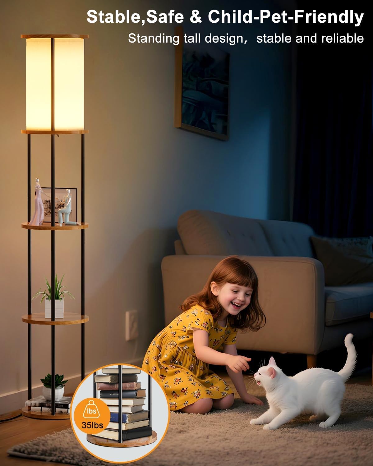 Lightdot 61" Floor Lamp with Shelves, Modern Black Standing Lamp with Fabric Shade and 3- Tier Solid Wood Table Attached, Corner Bookshelf Lamps with Bulb Included for Sofa Beside/Corner Decor