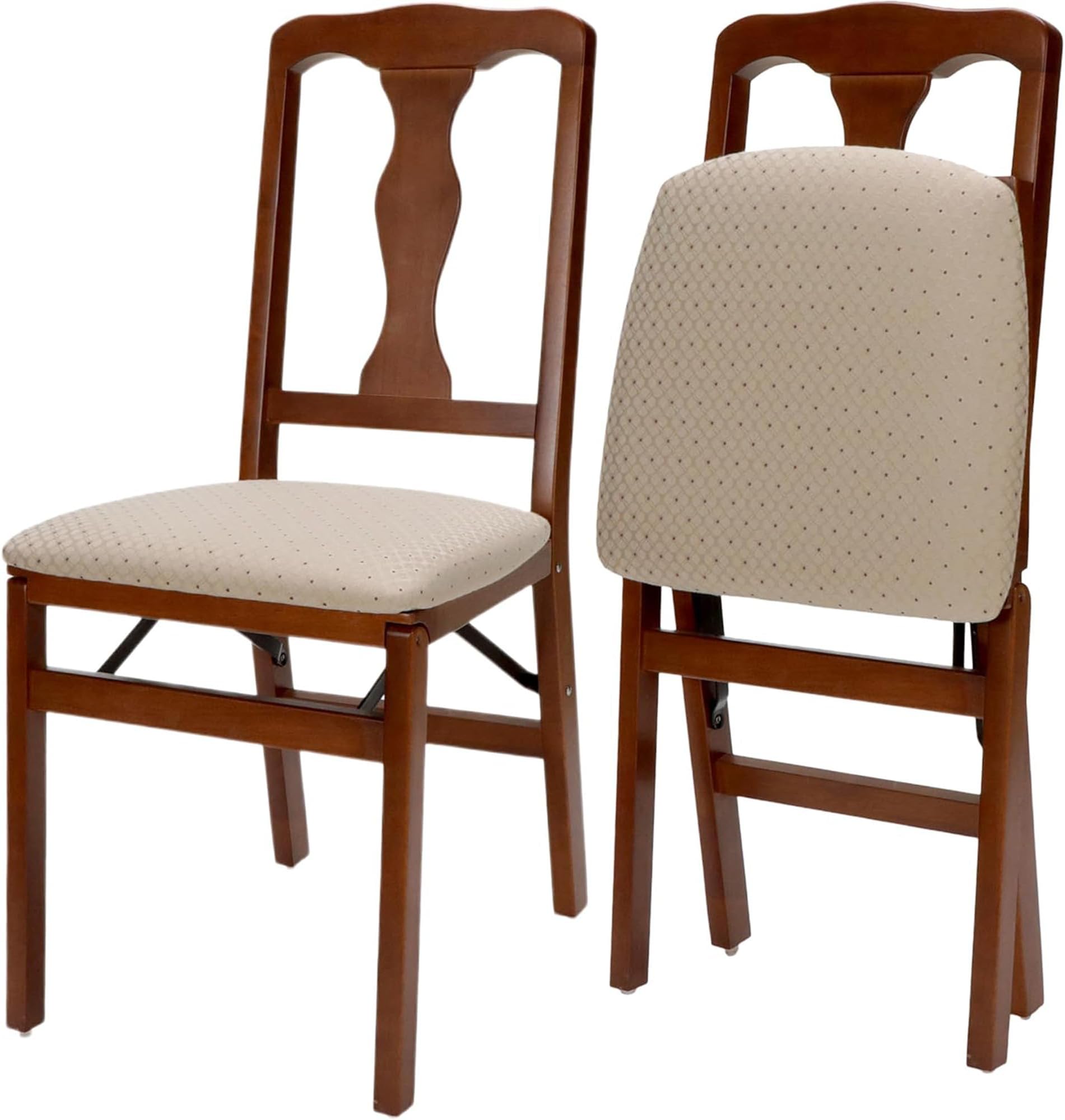 Stakmore Queen Anne Wooden Folding Chairs with Padded Seats, Set of 2 - No Assembly Foldable Dining Chairs, Steel Folding Mechanism, Upholstered Cushion, Space-Saving, Cherry Frame