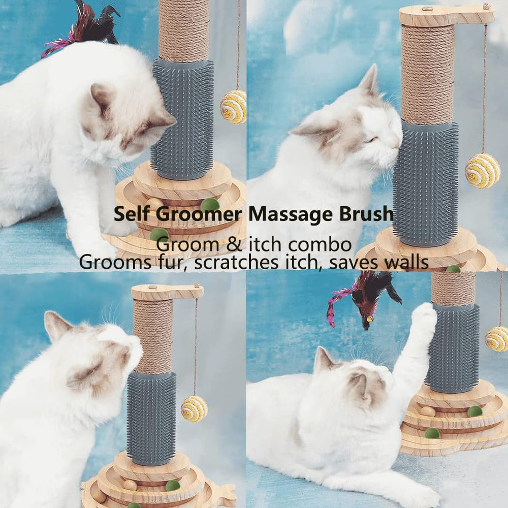 Marchul 5 in 1 Katzenspielzeug, Katze Sisal Seil Massierender Kratzbaum mit hängenden Ball, Interaktives Fährtenspielzeug für Katzen mit federnden Federn, zum Spielen im Haus