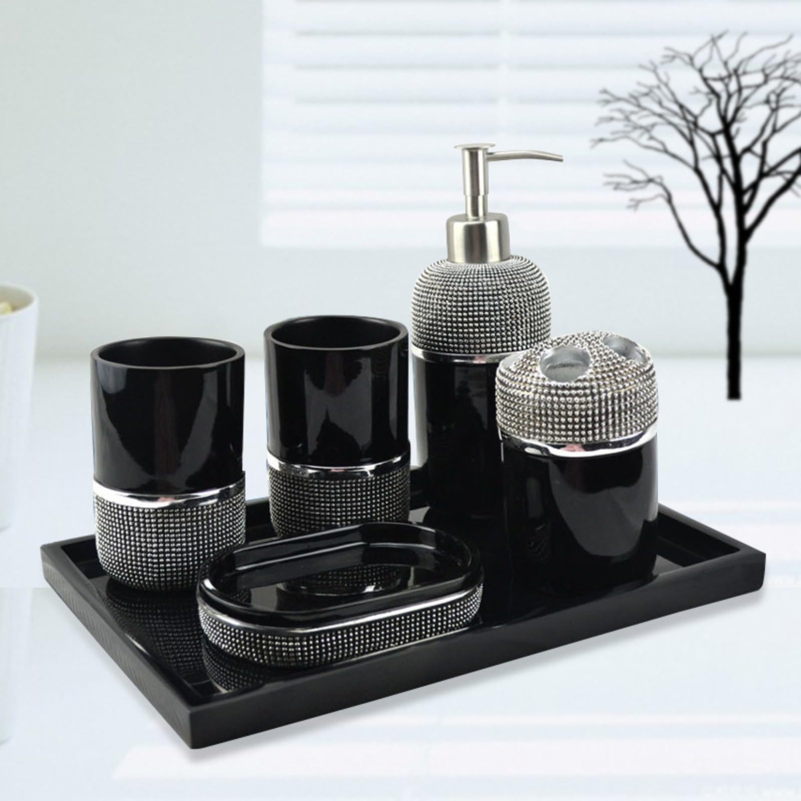 Set accessori bagno nero 6/5 pezzi: dispenser, portaspazzolino, bicchiere, portasapone e vassoio