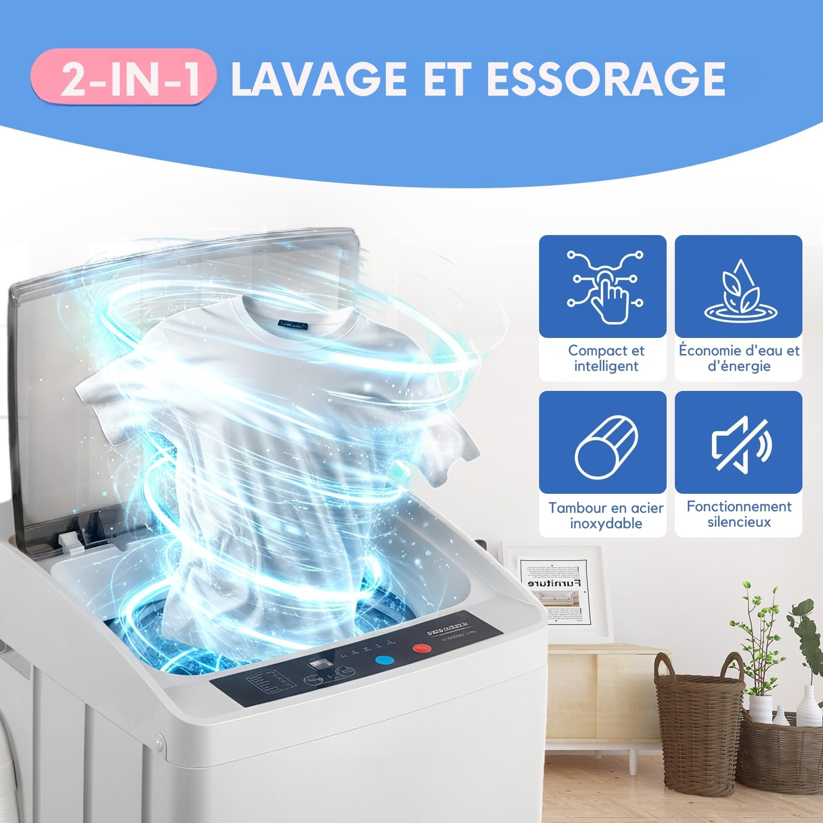LEADZM Mini Machine à Laver lave linge (5KG) | Puissance de 400W, Lave-linge top avec Panneau de Commande Multifonction, avec Pompe de Drainage