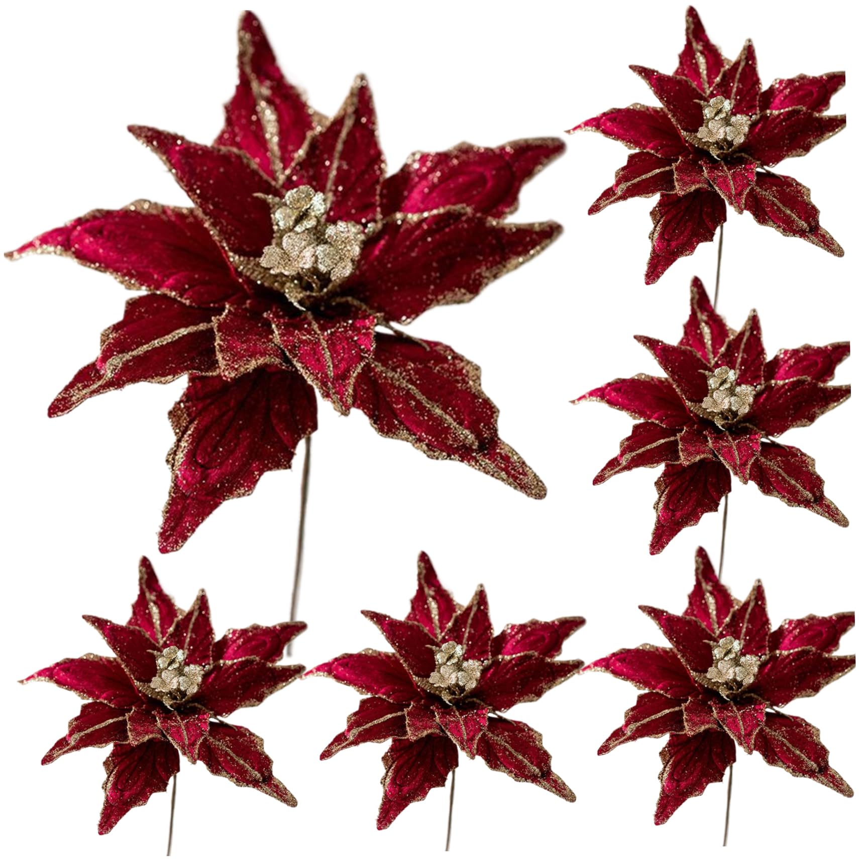 Décor d'arbre de Noël fleurs Poinsettia artificielles lot de 6pcs
