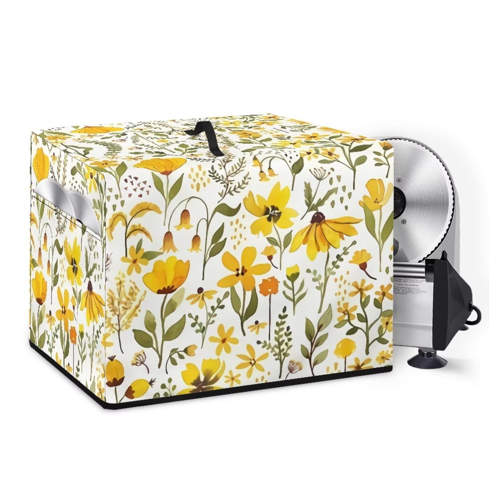 NETILGEN Meat Slicer Machine Cover Washable Roomy Deli Slicer Cover Protector Cheese Cutter Cover with Outside Pocket for Slicer's Manual, Stainless Steel Blade, Yellow Flower