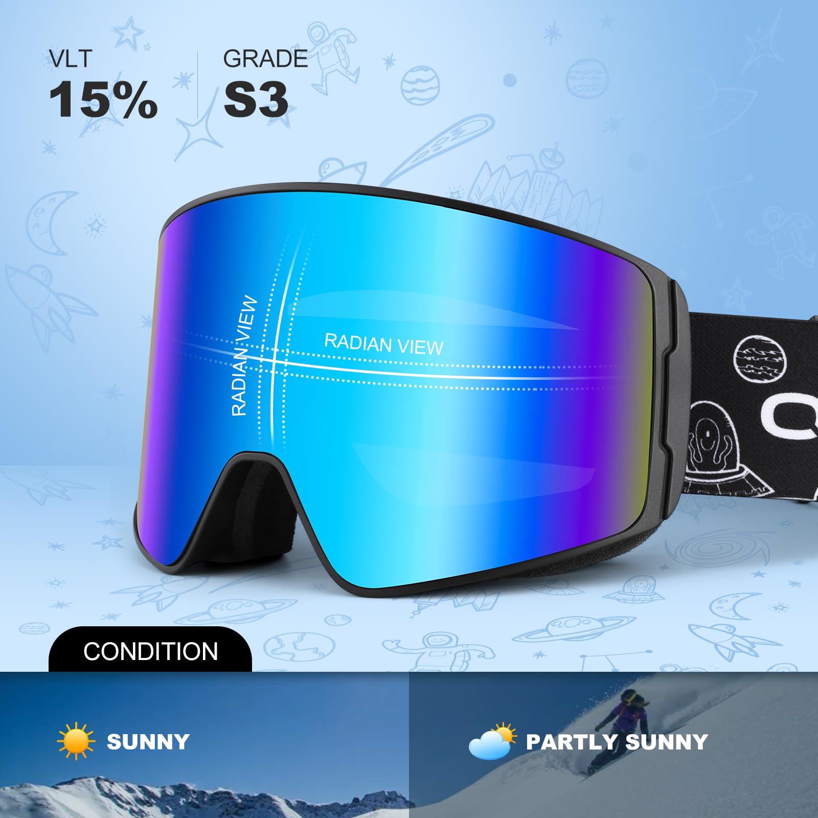 Odoland Occhiali da Sci per Bambini, Occhiali da Snowboard Cilindrici, Anti-appannamento, Anti-UV, Antivento a Vista Larga per Ragazzi e Ragazze, compatibili con Casco