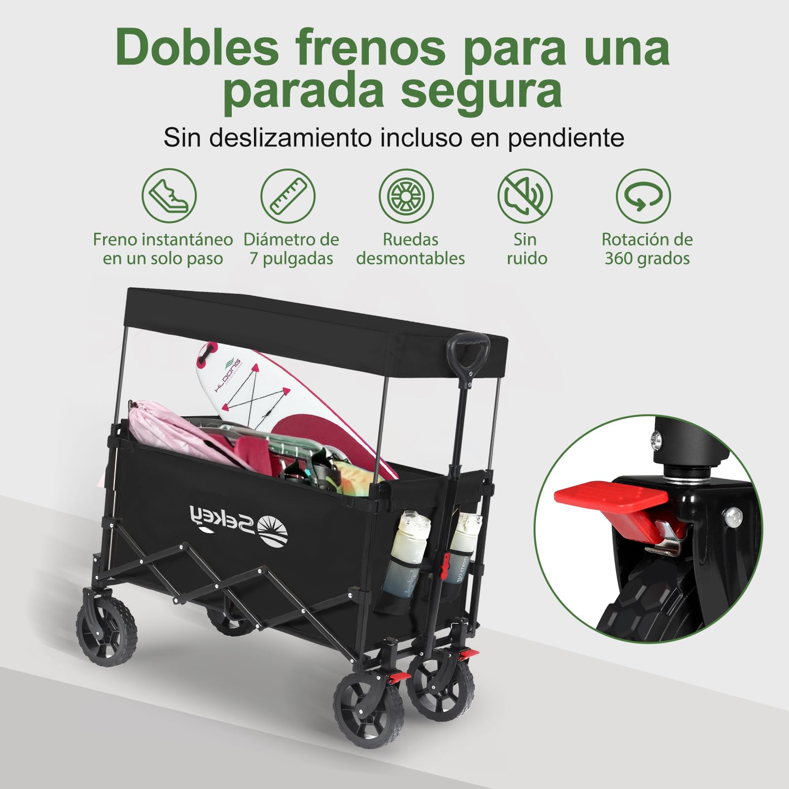 Sekey XXL Carro Playa Plegable con Techo 150L 150KG, Carro Plegable con Ruedas, Carrito Playa con Protección Solar para Playa Camping SE4018, Negro
