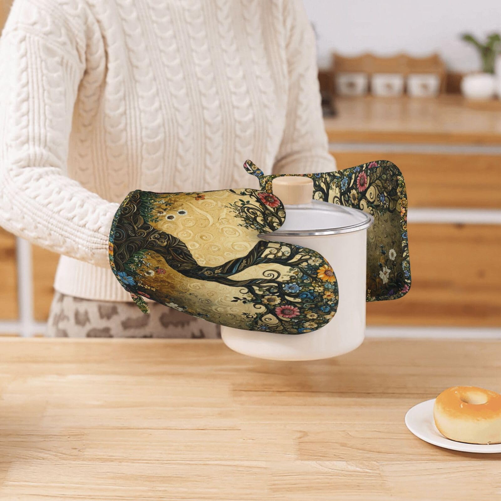 Juego de manoplas de horno para ollas, diseño de árbol de flores, guantes de cocina de silicona, resistentes al calor, para cocinar, asar a la parrilla, paquete de 4 manoplas