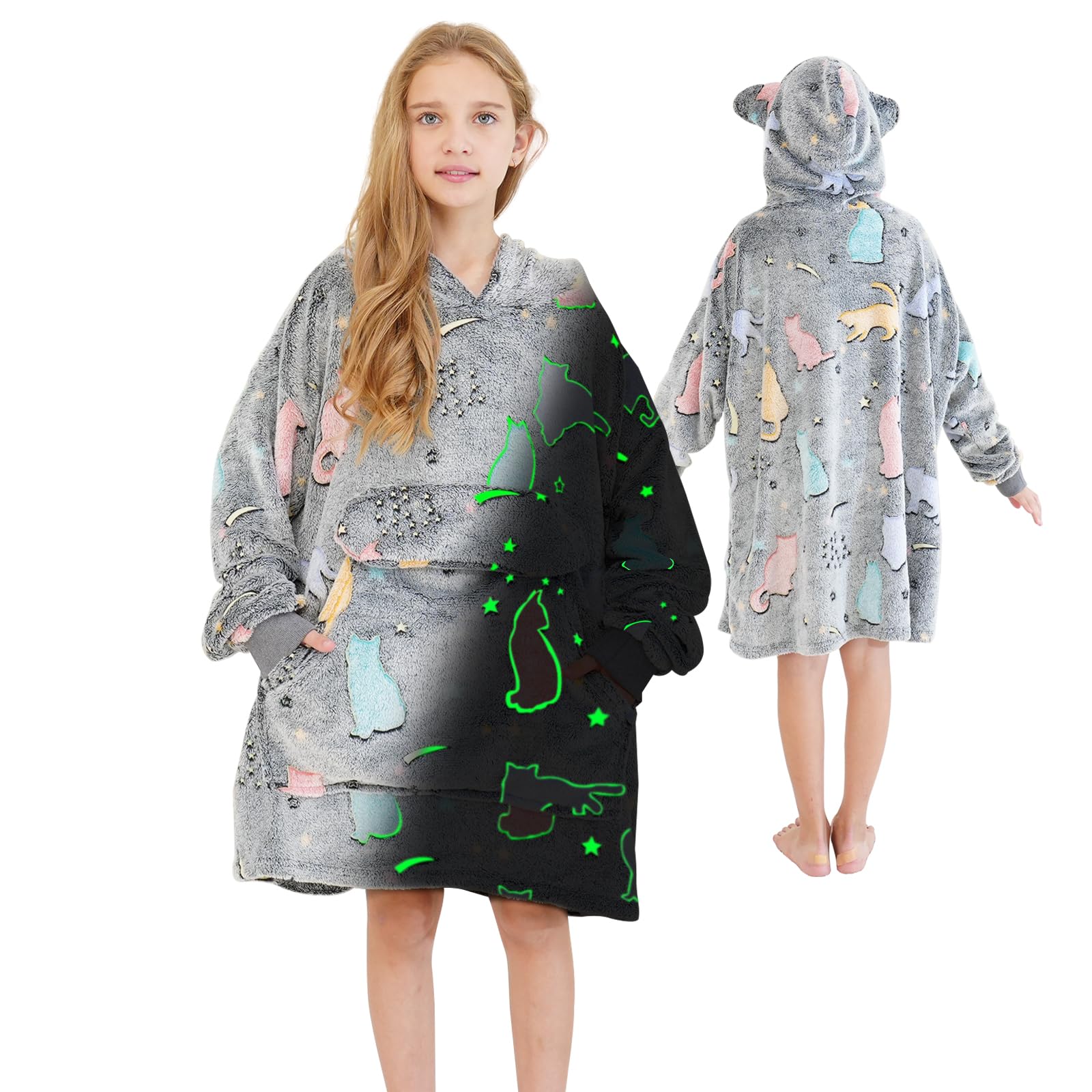 JISEN Wearable Blanket Hoodie for Kids Oversized Hooded Blanket Sweatshirt Glow in The Dark Cat Wearable Blanket Oversized Animal Hooded Blanket for Girls Boys Birthday Christmas Black