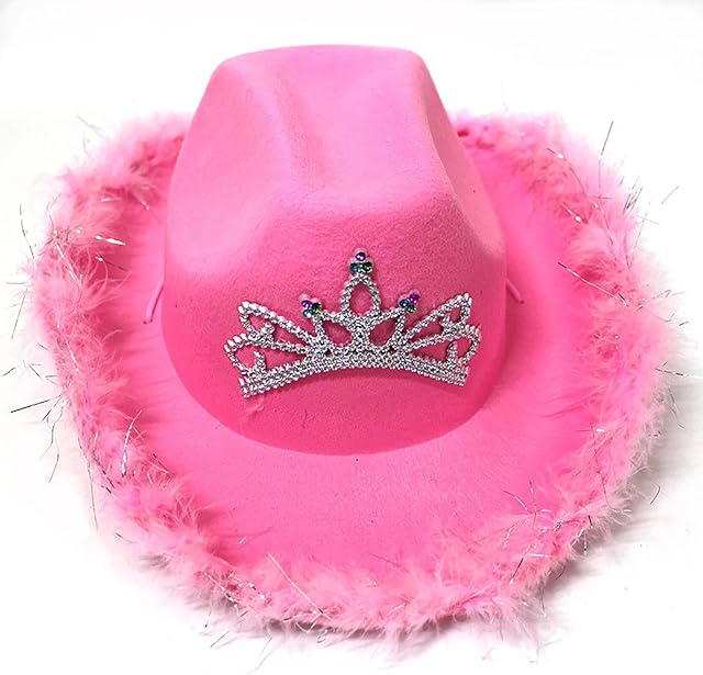 Western Cowboy Hat, Pink Cowgirl Hat with Tiara Crown for women Rodeo Party Hats,Fluffy Feather Trim Cowgirl Hat Womens Adult Costumes Preppy Hat for Fancy Dress Up Role Play Cosplay Birthday Party