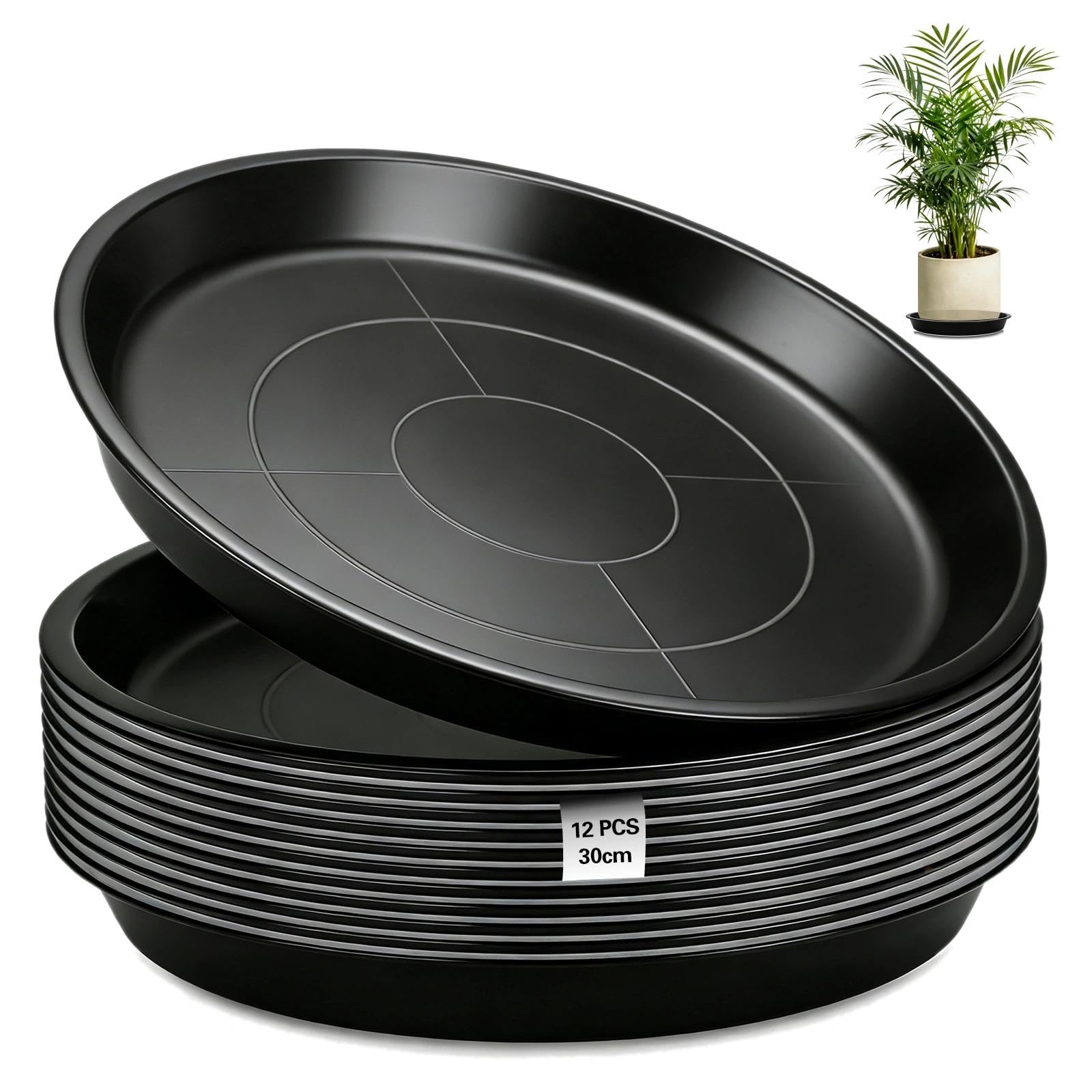 Ezitruz 12 STK Blumentopf Untersetzer, 30 cm Pflanzen Untersetzer, Rund Unterteller Blumentopf, Blumenuntersetzer Kunststoff, Blumentopfmatte Schwarz Pflanzenuntersetzer für Garten Balkon Wohnzimmer