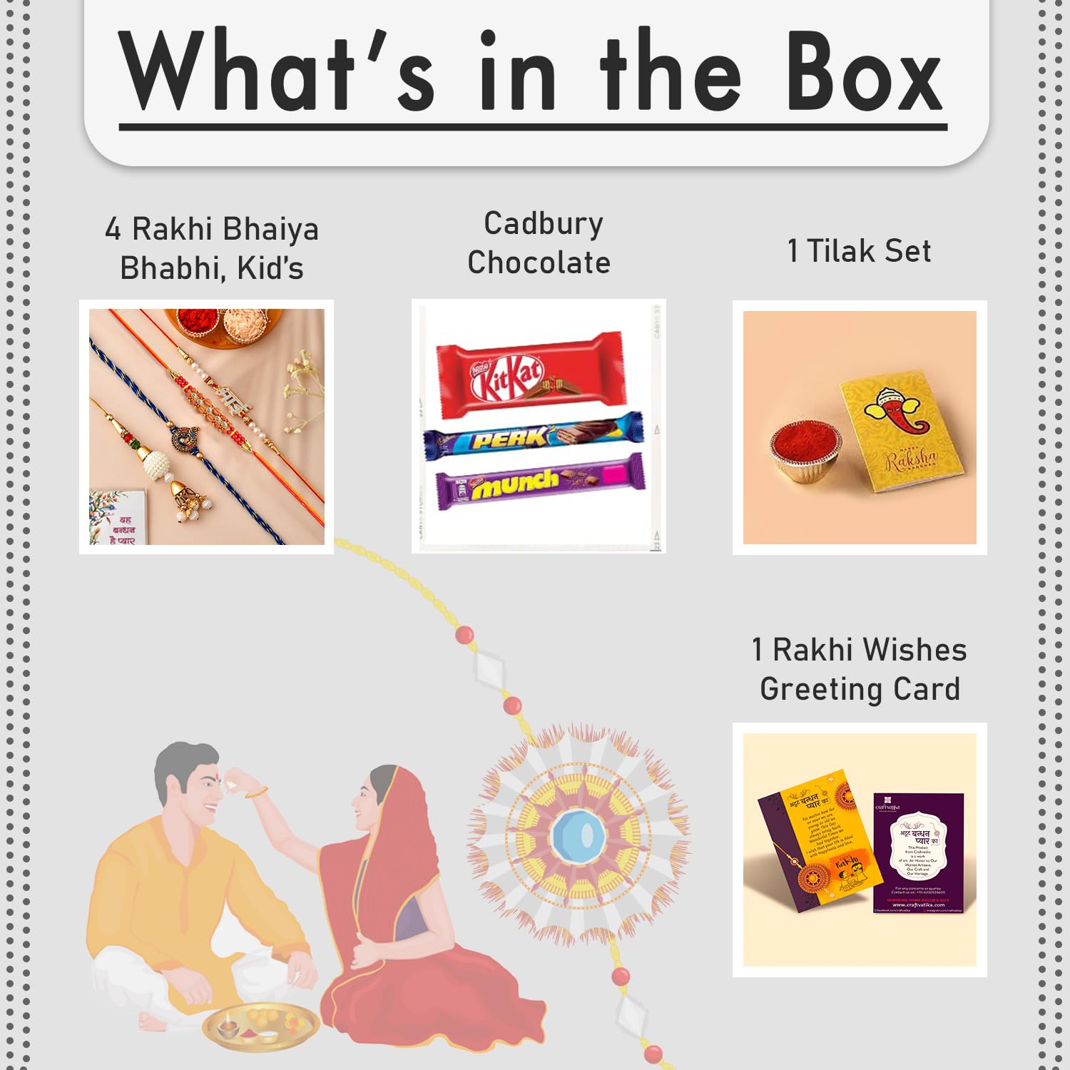 Set of 4 Rakhi for brother with Gift Set Chocolates, Set of 4 Rakhi for brother Combo,Rakhi gift for brother,Rakhi for brother with gift,Greeting Card,Roli, Chawal, Chandan, Misri Combo 2