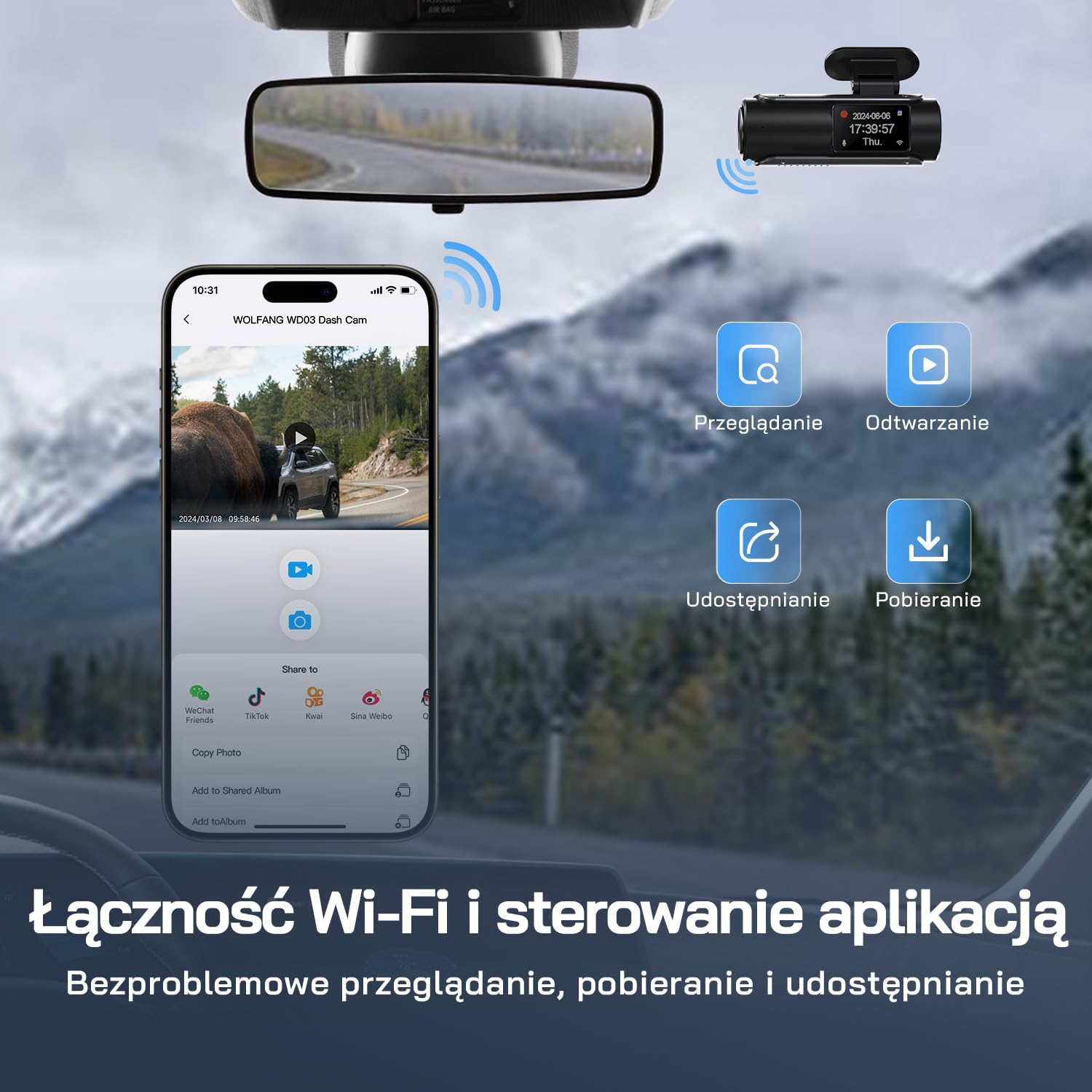 Kamera samochodowa WOLFANG 4K przednia i tylna kamera samochodowa Wi-Fi, podwójna kamera samochodowa z noktowizorem, nagrywanie w pętli, czujnik G, szeroki kąt 170, osłona parkowania
