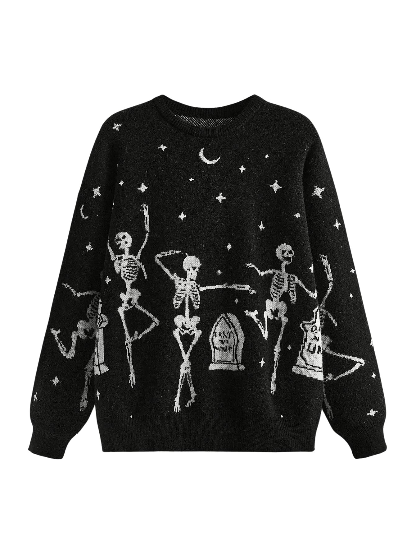WDIRARA Womens Gothic Skull Pattern Sweater Crew Neck Long Sleeve Pullover Knitted Top