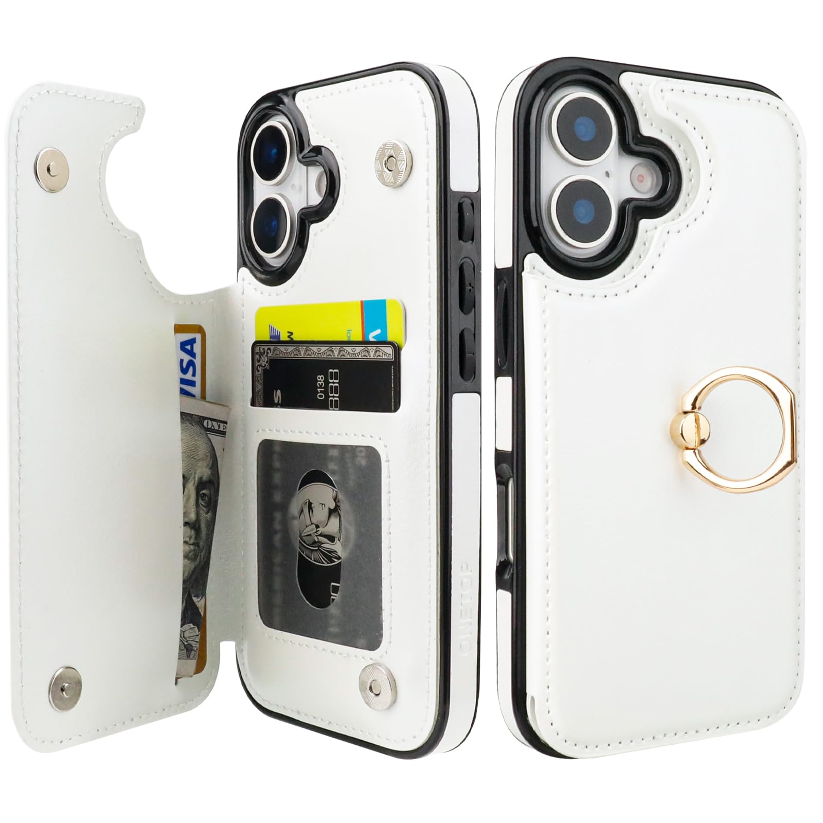 ONETOP for iPhone 17 Wallet Case with Credit Card Holder,White | 360° Rotation Ring Kickstand,Finger Grip,Double Magnetic Clasp,RFID Blocking PU Leather Shockproof Cover for Women Men
