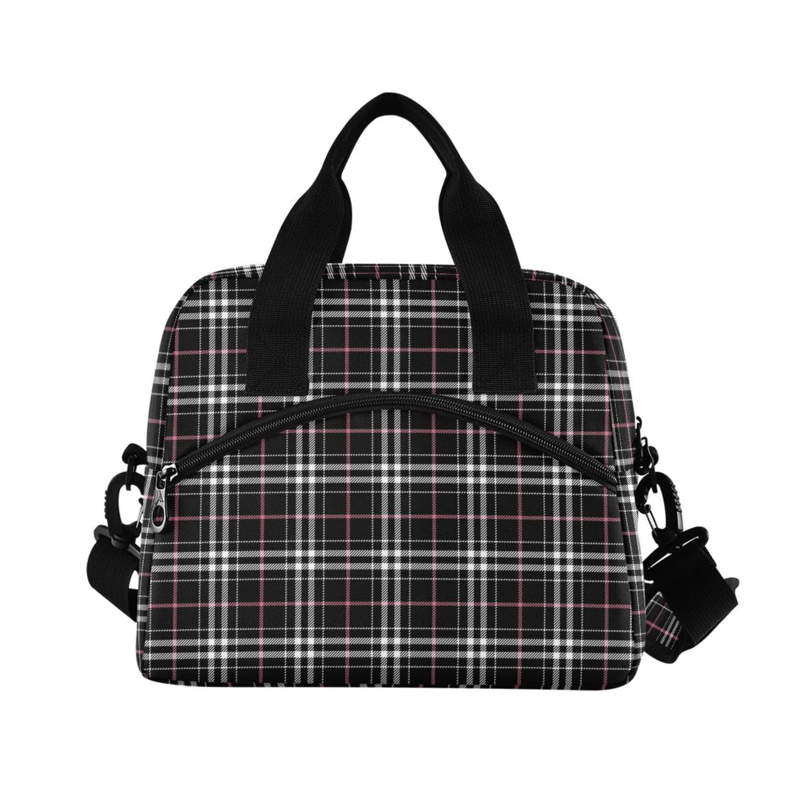 Sinestour Insulated Lunch Bag Reusable Cooler Plaid Black White Lunch Box Adjustable Shoulder Strap for School Men Women