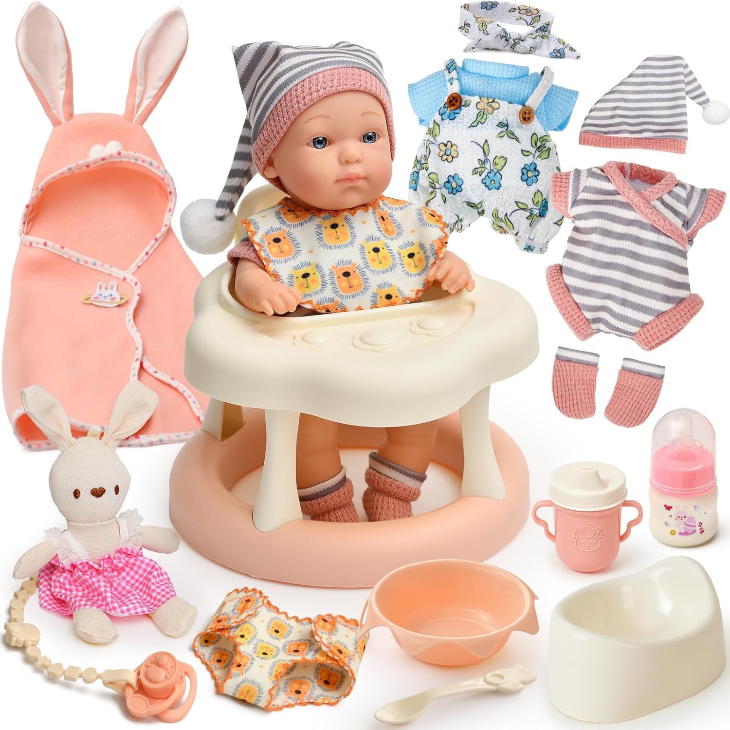 Set Complet Poupon Bébé 30 Cm – Lit Portable, Vêtements, Couches, Biberon, Tétine, Vaisselle – Cadeau Fille 1 An+