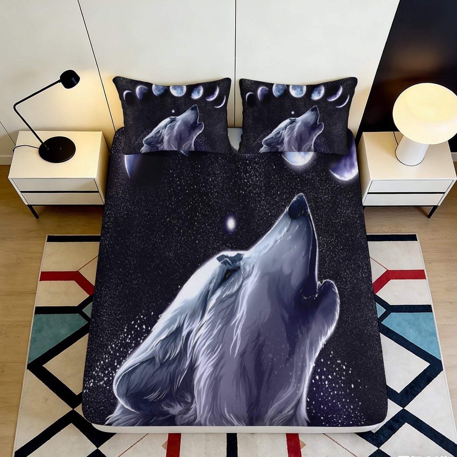 3D Printed Howling Wolf Fitted Sheet Microfiber Black Night Moon Mattress Cover Bedroom Home Decor 90x200x25cm