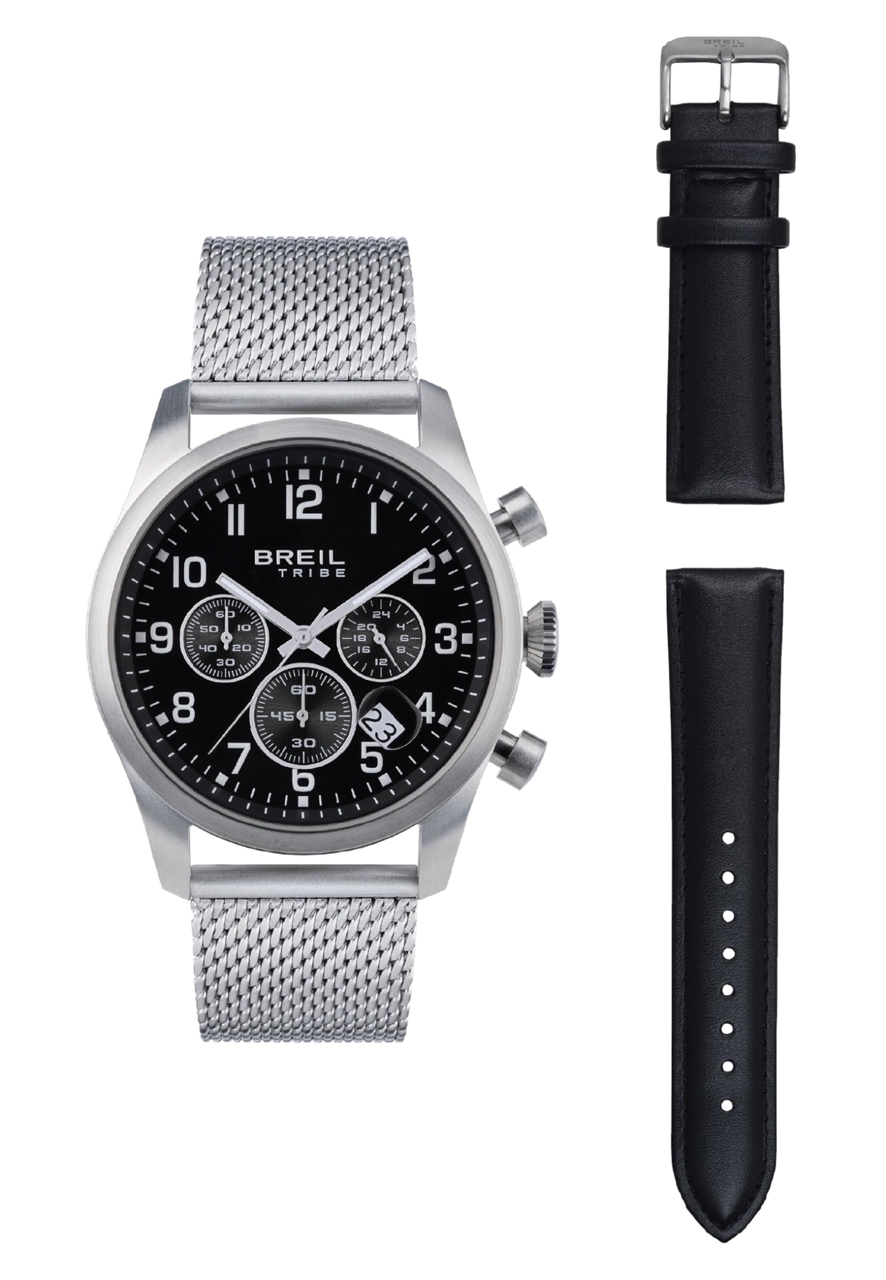 BREIL Reloj Grid Men's Mono-Colour Black CRONOGRAPH Quartz Movimiento y Mesh/Black Leather Strap EW0615