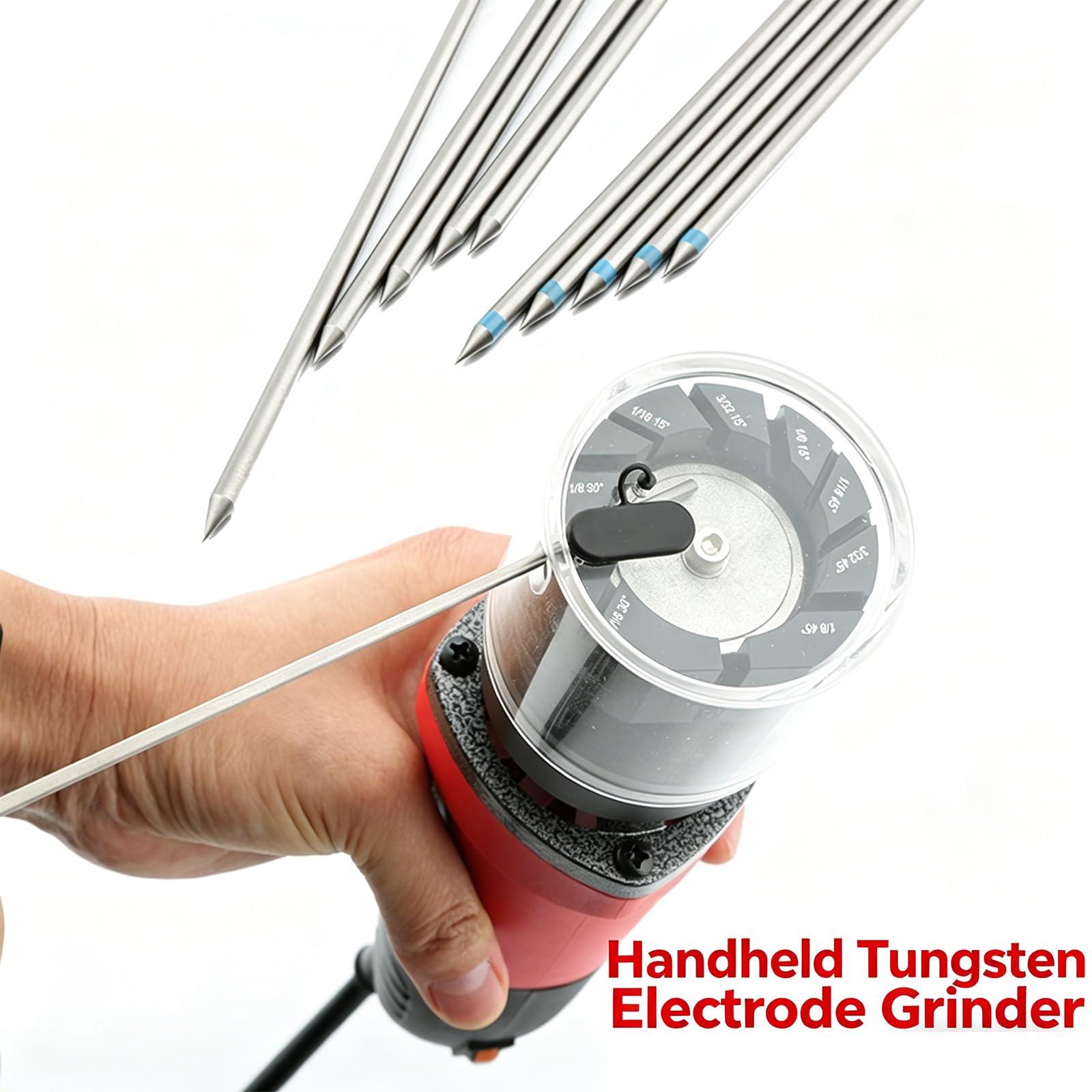 Afilador de electrodos de tungsteno para soldadura TIG, amoladora eléctrica de mano, ajuste de 6 velocidades, ángulos de 15°-50°, diámetro de 1.6-3.2 mm, compatible con la mayoría de herramientas
