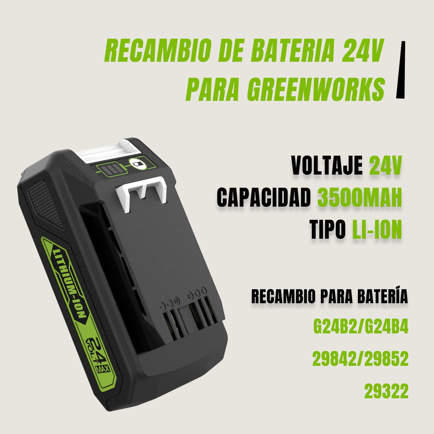 Batería de 24 V y 3,5 Ah para Greenworks con Cargador de 24 V | Versión mejorada, compatible con G24B2 y G24B4